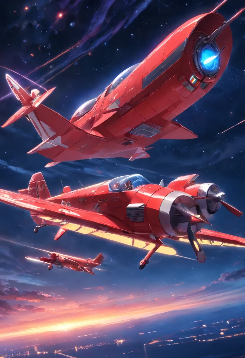 Red spaceship，, A biplane flying in the sky at night, Dark ( Spaceship ), scifi spaceship, Fantasy spaceship, futuristic spaceship, alien space ship flying in space, spaceship far on the background, A spaceship in dark space, futuristic starship, detailed spaceship,