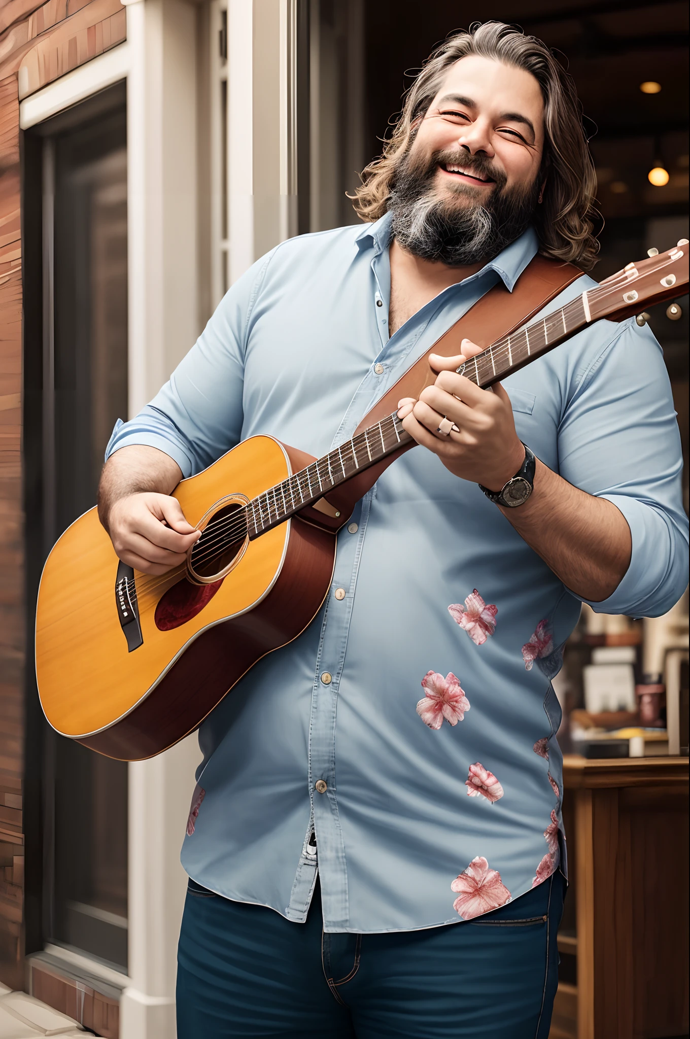 Create an image of a jovial, middle-aged man embodying the classic musical dad stereotype. He has a large belly and is wearing a vibrant floral Hawaiian shirt. The man is proudly carrying a guitar slung over his shoulder. His long gray hair and beard add to his laid-back and free-spirited appearance. The man is facing the front, exuding a warm and inviting presence. Capture the essence of his love for music and his carefree personality in the image