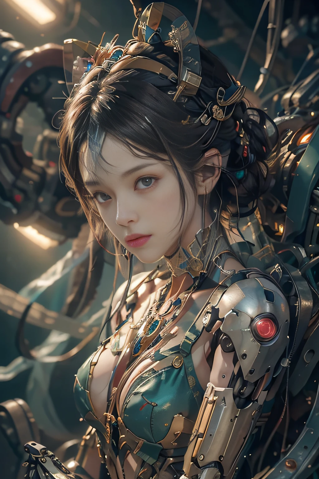 (((Masterpiece))), (((Best quality))), ((Ultra-detailed)), (Highly detailed CG illustration), ((An extremely delicate and beautiful)),Cinematic light,((1 mechanical girl)),Solo,(machine made joints:1.2),((Mechanical limb)), ((mechanical cervial attaching to neck)),(wires and cables attaching to neck:1.2),(wires and cables on head:1.2)(Character focus),Science fiction, extreme detailed details,highest details, Realistic, dunhuang, flowy, Colorful, (Long mechanical legs), full bodyesbian, Pink mech