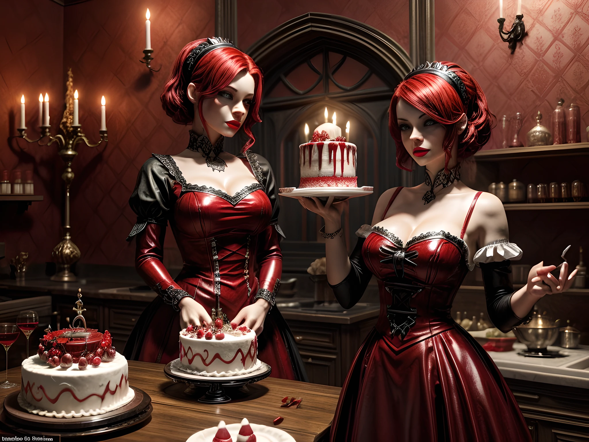 a 3D picture of extremely (beautiful cow (anthropomorphic:1.3) looking at (red MasterChef style cake: 1.5), an exquisite beautiful female (cow anthropomorphic:1.3), ultra feminine ultra detailed face, red hair, short hair, little fury, red lips, blue eyes, wearing sexy white seductive latex dress, blood stains on the dress, looking at a red Bakeoff, award winning cake, 2 floors, decorated with red whipped cream, and artful stylish decorations, blood dripping from the cake, dark castle style kitchen background, dim candles light, dark fantasy art, gothic art, dynamic angle, best details, best quality, 16K, [ultra detailed], masterpiece, best quality, (ultra detailed), full body, ultra wide shot, photorealistic, 3D rendering,