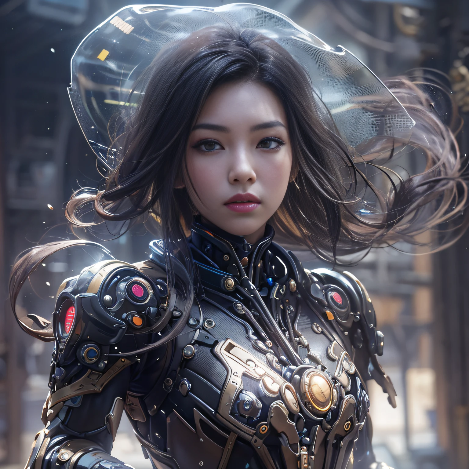 (((Masterpiece))), (((Best quality))), ((Ultra-detailed)), (Highly detailed CG illustration), ((An extremely delicate and beautiful)),Cinematic light,((1 mechanical girl)),Solo,(machine made joints:1.2),((Mechanical limb)), ((mechanical cervial attaching to neck)),(wires and cables attaching to neck:1.2),(wires and cables on head:1.2)(Character focus),Science fiction, extreme detailed details,highest details, Realistic, dunhuang, flowy, Colorful, (Long mechanical legs), full bodyesbian, Pink mech