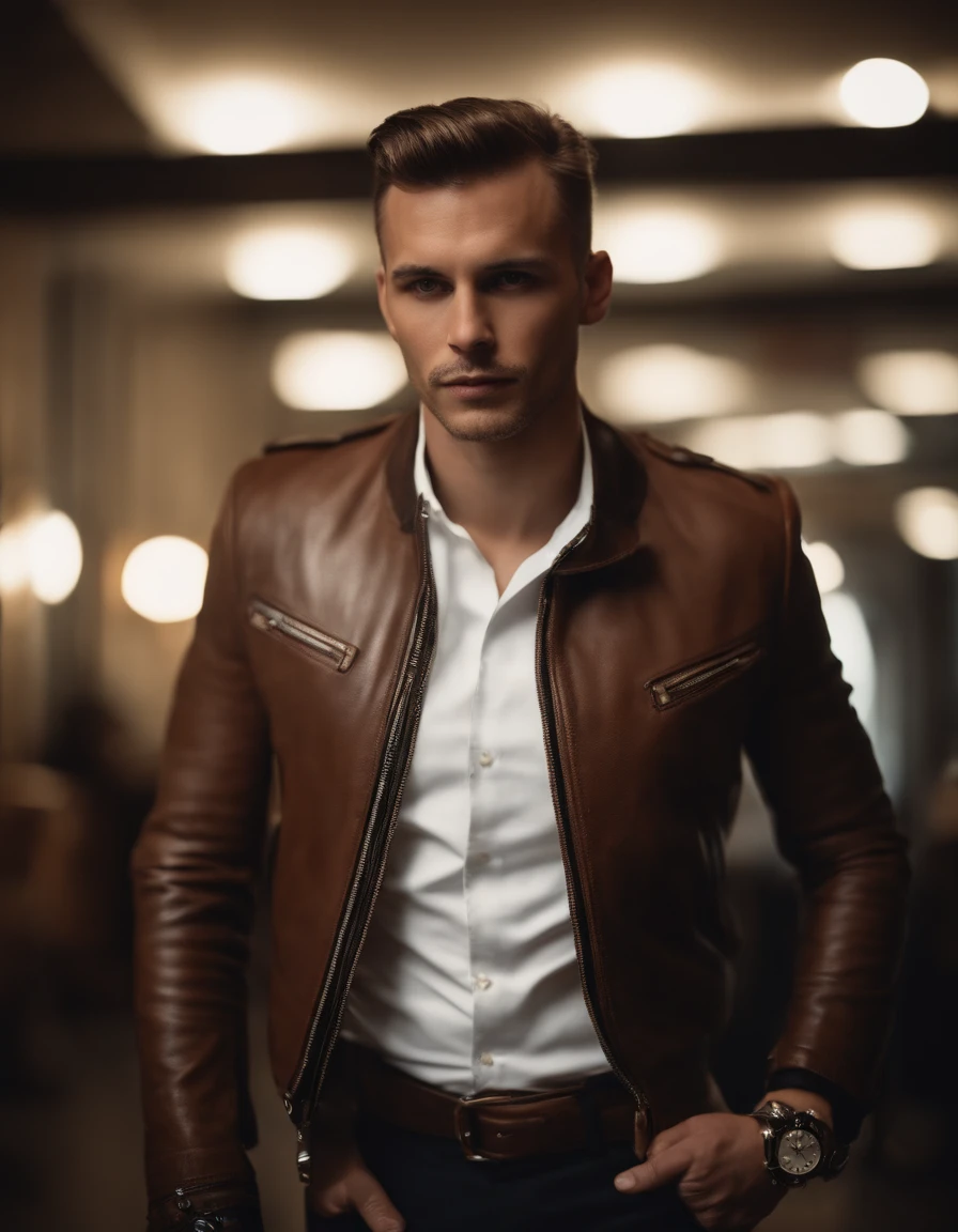 Um homem vestindo uma jaqueta de couro marrom elegante, andrzej sykut, Ultra High Definition Image, punk watch, Studio Photography, precision (mid closeup), rosto bonito, rosto claro