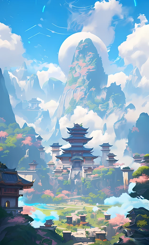 Highest quality, high resolution, 32K,A landscape digital painting with mountains and trees as a background，and the sky with clouds and pagodas, anton fadeev, League of Legends concept art, a detailed matte painting, Fantasy art.