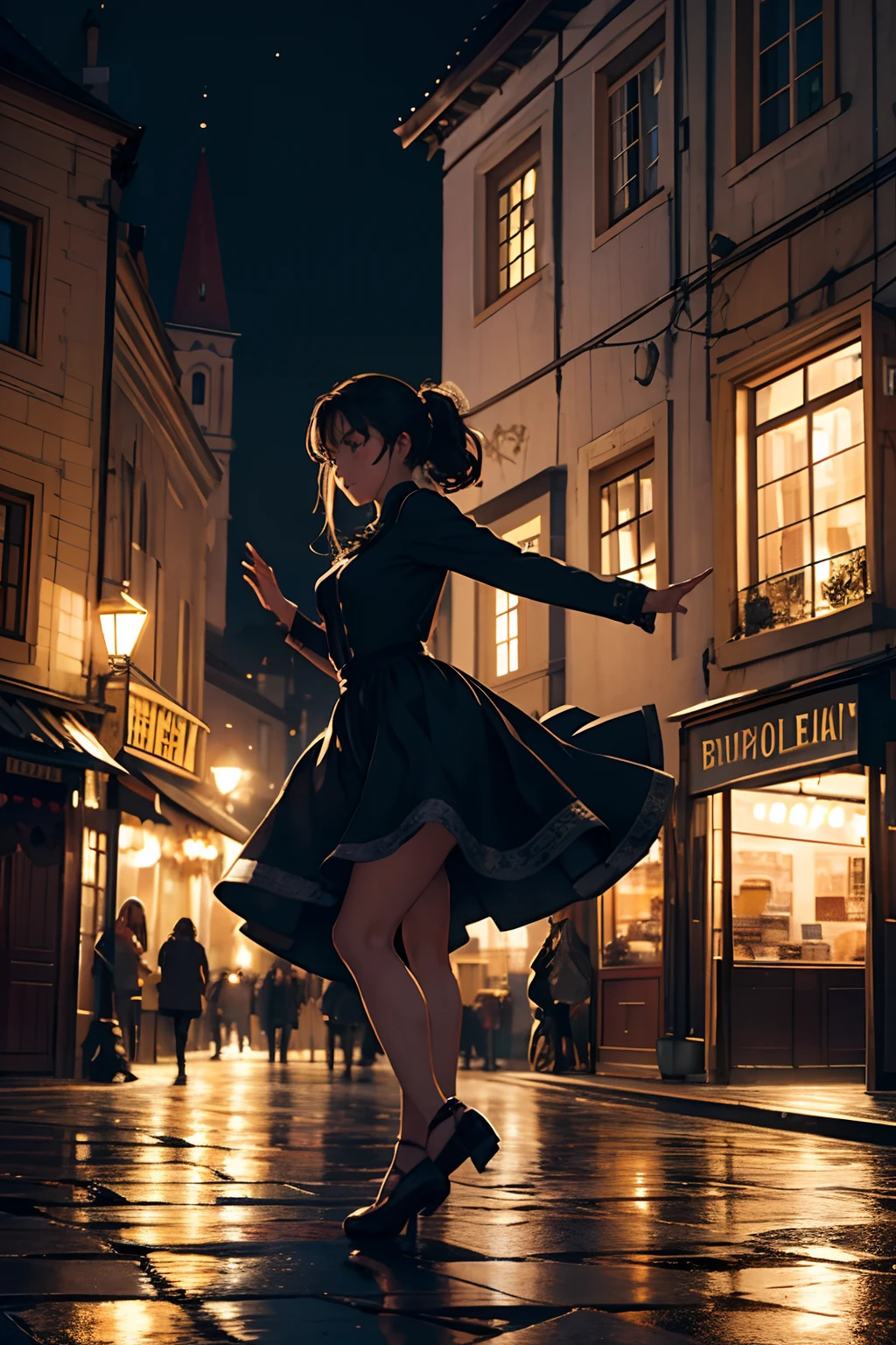 Sofia dances passionately in the town square at night, but there's a hint of clumsiness in her movements. The square is dimly lit, with light spilling from a few windows, and the exterior of the old shop is visible.