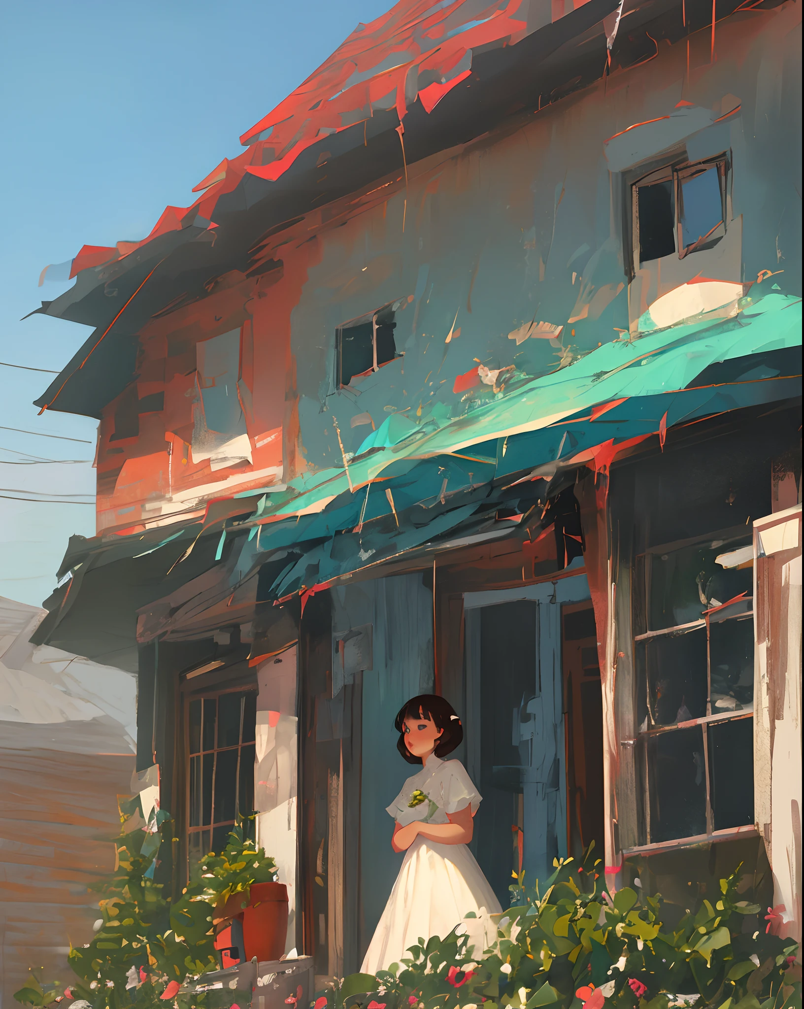 A girl in white dress abandoned house leaking roof with a cat