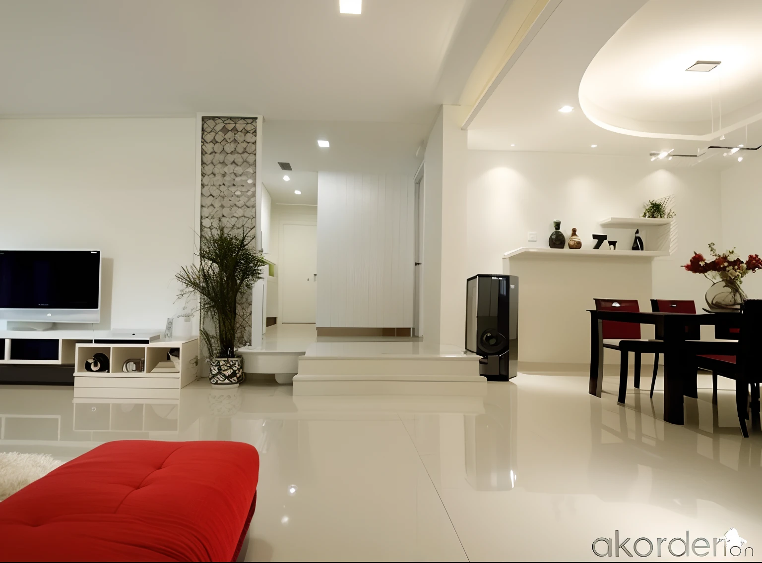 Living room with red sofa and TV, design moderno, interior da casa, interior da casa, piso de concreto branco, design de apartamentos, Interior decoration, Asian Interior Decoration, internal lighting, visual moderno, Design elegante, white tile on the floor, design de interiores minimalista, fundo da parede da sala de estar, design brilhante extremamente luminoso, novo moderno, vista arquitetura de interiores, bright render