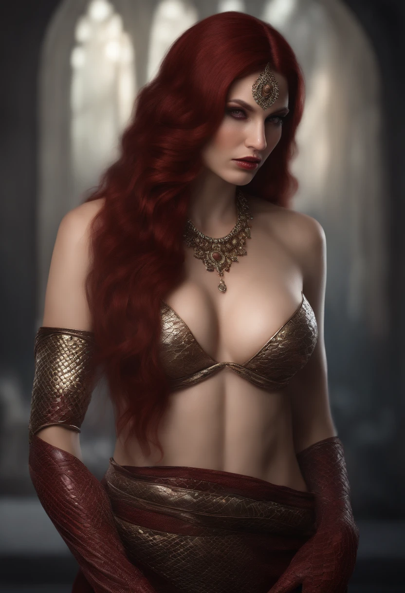 Kruzadar woman as a half snak half woman, dark red hair, red eyes, long hair, hyper realistic, 4k, masterpiece, beautiful, facing the viewer, full body shot, ((white skin)), exposed breasts, snake scale skin