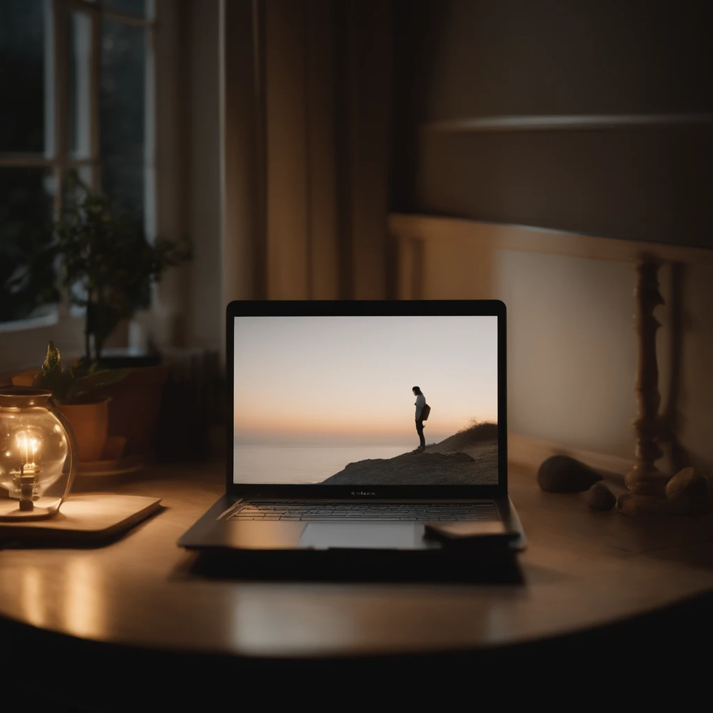 Create an album cover with the concept centered on 'nostalgia and longing'. The background should be a dimly lit room with a soft light source. On a table in one corner of the room, place a laptop, which is one of the 'items you used to take care of' mentioned in the song lyrics. Next to the laptop, arrange a 'worn ring' and 'pictures of you' prominently to emphasize the feeling of longing. The laptop screen should be off. Additionally, moonlight streaming through a window should act as a visual element that enhances the emotions of 'waiting' and 'longing'