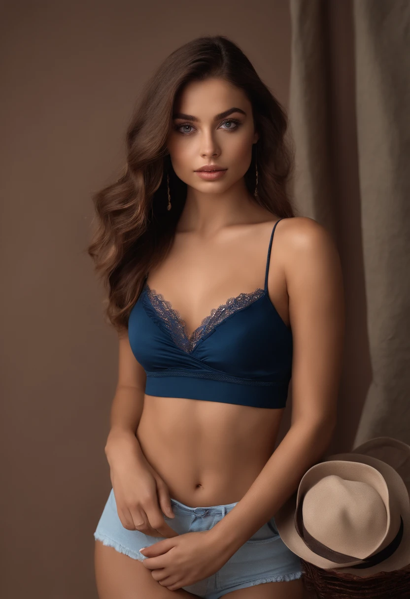 Best photoshoot style ,arafed woman with matching tank top and panties, sexy girl with blue eyes, portrait sophie mudd, brown hair and large eyes, photoshoot of a young woman, photoshoot eyes, violet myers, without makeup, natural makeup, looking directly at the camera, face with artgram, subtle makeup, stunning full body shot, cleavage,Vogue style magazine cover,indoor shoot , photoshoot, photography, Photoshoot style background,add background from magazine covers