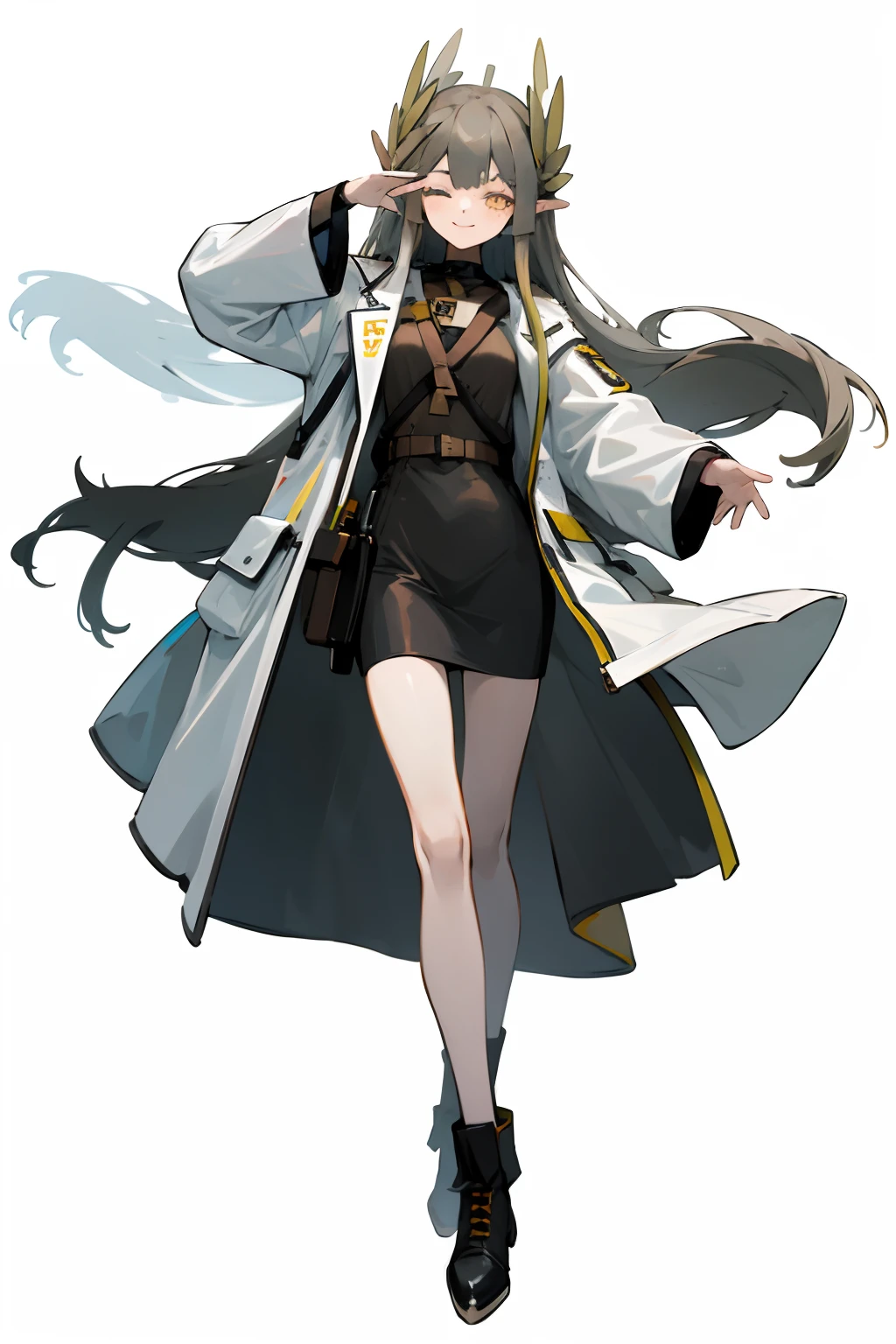 mumu, 1girl, solo, one eye closed, white background, full body, simple background, coat, skirt, long sleeves, boots, black footwear, open clothes, open coat, black skirt, looking at viewer, white coat, smile