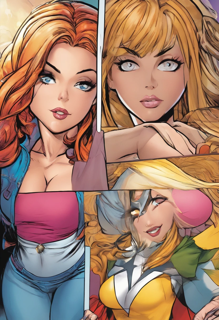 comic book style, joe madureira style line art, extremely attractive girl, woman, female wearing a t-shirt and G-string, American heritage, blonde hair, bright blue eyes, proud expression, standing inside a nightclub singing,snthwve style, shaved vagina, almost nude, (huge breasts:1.4), lifted shirt,