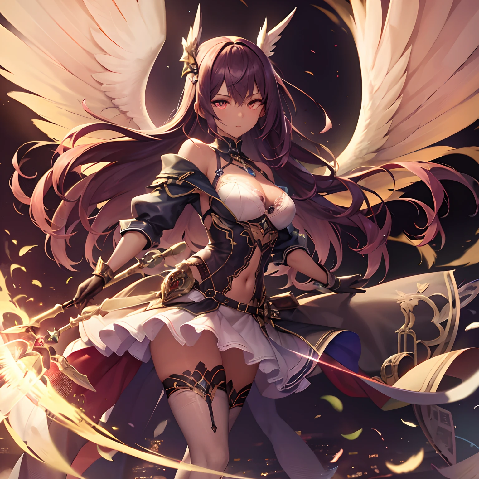 Future girl, Dark skin, a purple eye, spaces, Purple hair, Blue hair, Pink hair, Long hair, Dark skin, Futuristic Coffee Shop Girl 1, spreading her wings, wearing a coat of white feathers,, Wings full of the back, Radiant Hello, long hair flowing, Mechanical wings dancing delicately at the waist, Medium Figure, Sunken navel, curtains of white feathers on the pelvis move slightly,, Miniwings scattered on the body, Multiple wings with a yellow sheen, Soft yellow fire between the wings.((16 K,Ultra Definition、The highest masterpiece,Best Quality)), maxiskit, dress conservatively 1 girl, 独奏, Full body, wide shoot, Graceful standing, holding sword down, White hair, Long hair, valkyrie, armor, Angel, White bra, side bun, from the front side, extra size body, Night, mont, look at viewr((Super best quality)), ((A very masterpiece)), ((super detailing:1.4)), ((hyper realistic lifelike 3d)), Dragon Warrior Girl, Mechanical body, Dynamic action poses in battle scenes, Mechanical weapons of very complex and heavy fighters, Off-the-shoulder fashion that fuses dense and complex steampunk with dense gothic ta, Complex steampunk headgear, very thin long legs, Mechanical boots above the knee, Fluttering Lace Flared Mini Skirt, beautiful small breasts directed upwards,Rather long vertically curly silver hair flutters in the wind,Countless shining large spheres flying around,Many sparks cross and splash,Countless neon signs rained down from the magic-invoking gesture,Steampunk Factory,Complex and precise mechanical ruins,Very dark night background,Very dramatic and cinematic lighting。