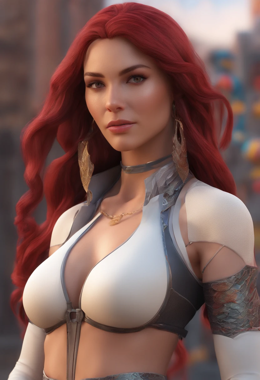 Kruzadar woman as a half snak half woman, dark red hair, red eyes, long hair, hyper realistic, 4k, masterpiece, beautiful, facing the viewer, full body shot, ((white skin)), exposed breasts, snake scale skin