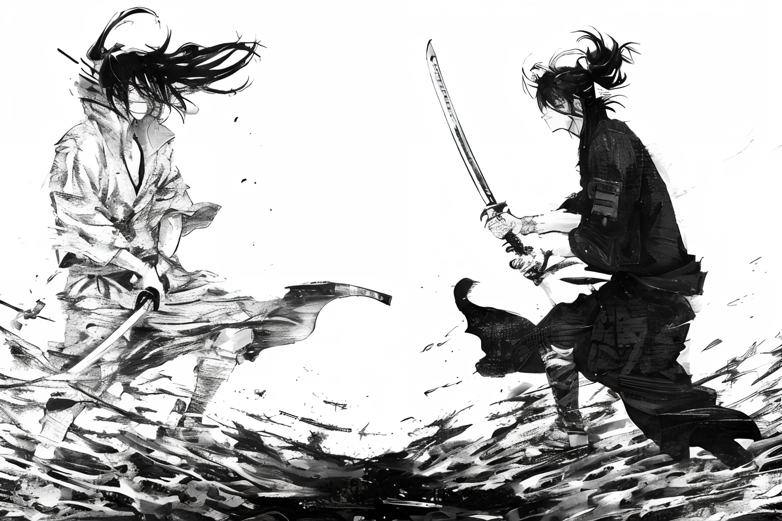 a drawing of two people with swords in a field, tsutomu nihei art, tsutomu nihei style, afro samurai manga style, yoshitaka amano and junji ito, from kenshin, black and white manga style, ink manga drawing, rurouni kenshin, black and white manga, tsutomu nihei
