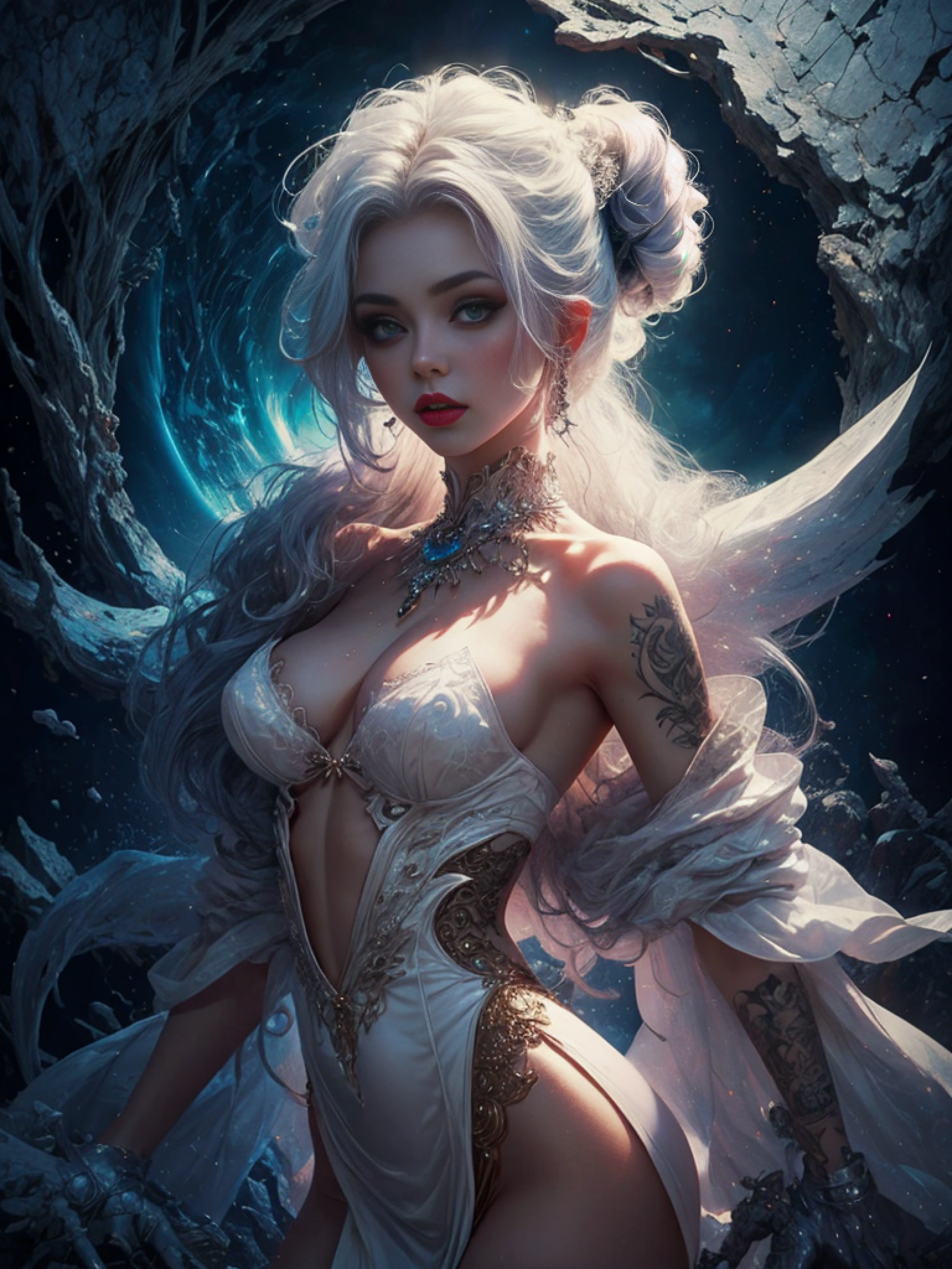 white forest background, Aurora, mythical, erotic pose, pore white hair, small tits, big eyes, body covered with tattoo, red lips, erotic, dark light,, white dress