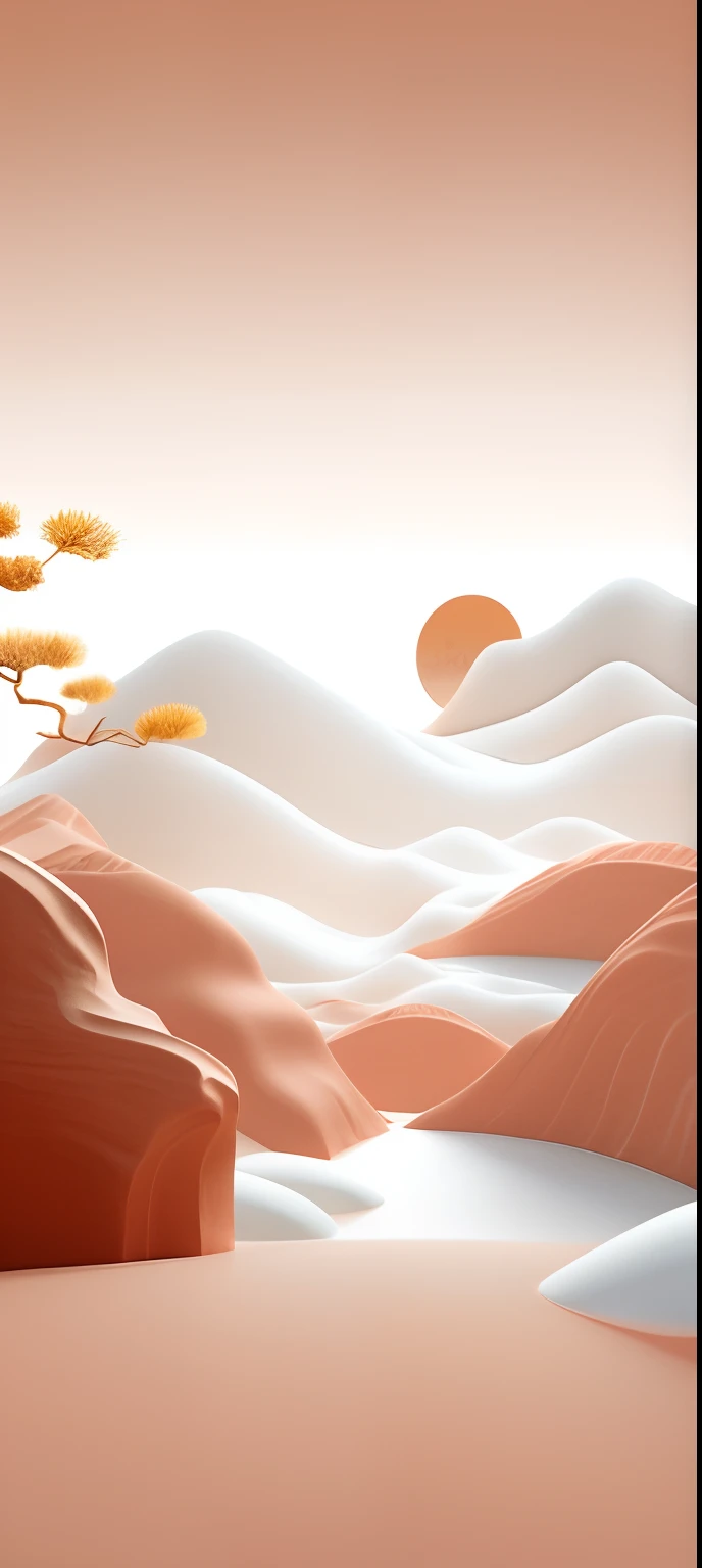 There is a painting of a desert landscape and a tree, digital landscape art, japonisme 3 d 8 k ultra detailed, 3d grainy aesthetic illustration, flowing hills, pop japonisme 3 d ultra detailed, beautiful landscape rendering, Floating mountains, landscape artwork, 3 d stylize scene, stylized 3 d graphics, white and orange