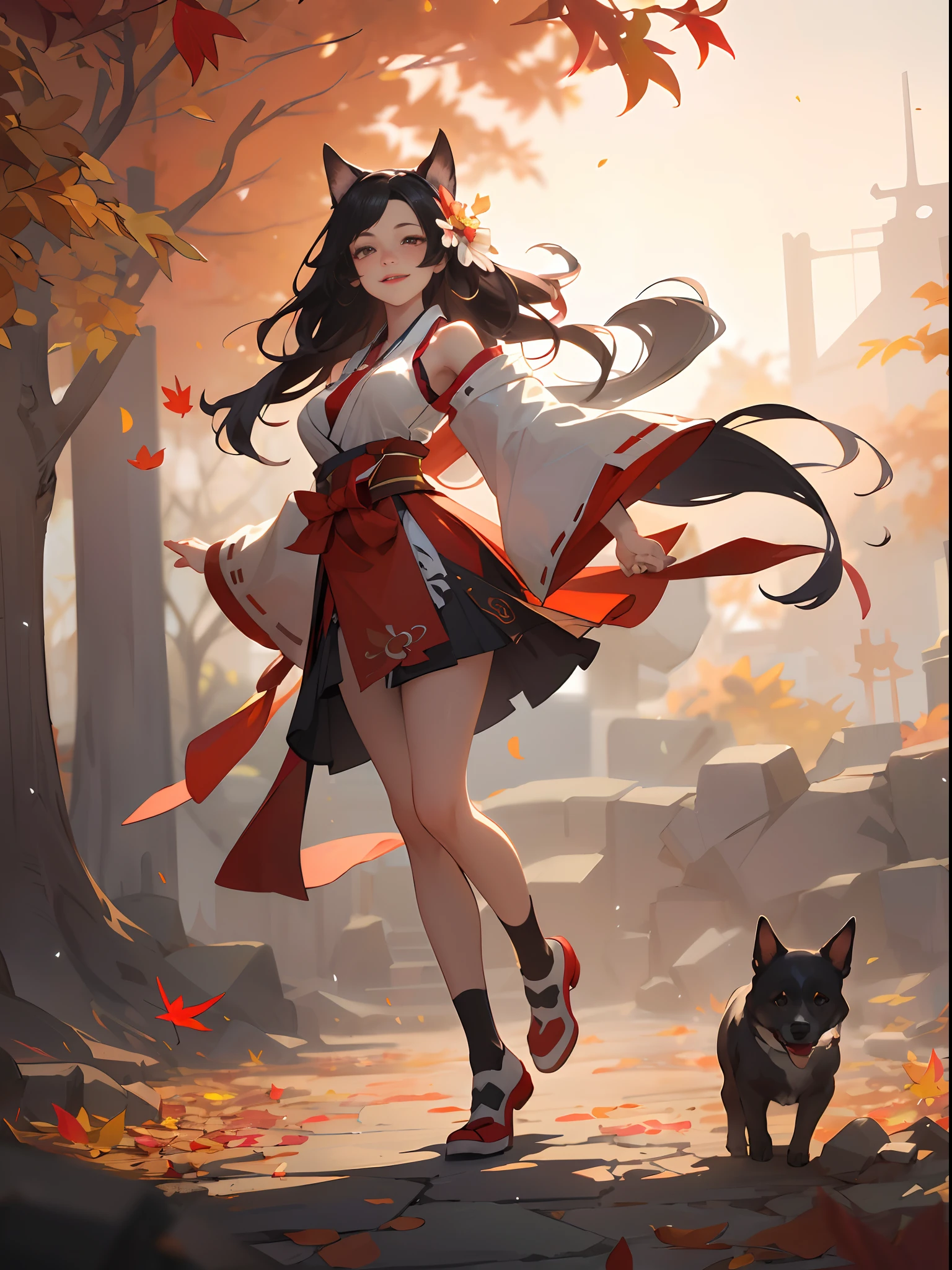 best quality, (masterpiece:1.35), wallpaper, (illustration), The original, (Depth of Field), (1 Girl:1.35), (Solitary), whole body, Dynamic, Delicate face,Mature female, aldult, (old:1.3), Medium breasts, interesting, Happy,Miko costume, lace,Absurdly long hair, Black Hair,Dog Ear Volumetric Lighting, Fallen Leaves, Tyndall effect,
