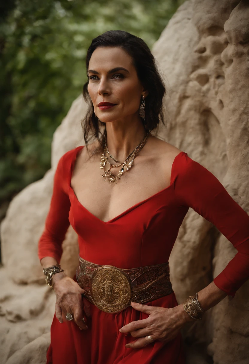 a woman in a red dress posing for a picture, portrait cersei lannister sit, by Cindy Sherman, wears a egyptian ankh necklace, with a male pirate partner, black bob haircut, in an attic, wearing a designer top, ophelia, episode still, expressive pose, maori, 2 0 1 9, the second… like a calf, drag queen, atlantis, elegant gold skin