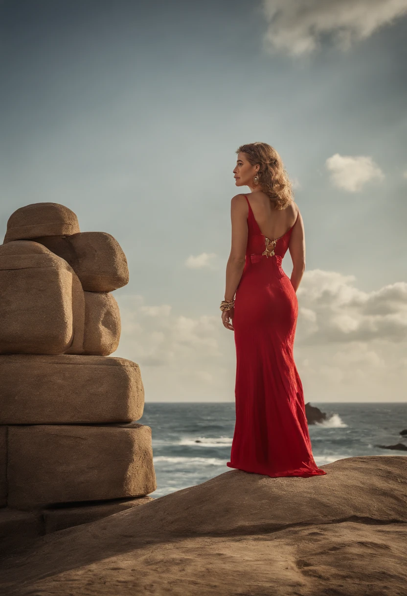 a woman in a red dress posing for a picture, portrait cersei lannister sit, by Cindy Sherman, wears a egyptian ankh necklace, with a male pirate partner, black bob haircut, in an attic, wearing a designer top, ophelia, episode still, expressive pose, maori, 2 0 1 9, the second… like a calf, drag queen, atlantis, elegant gold skin