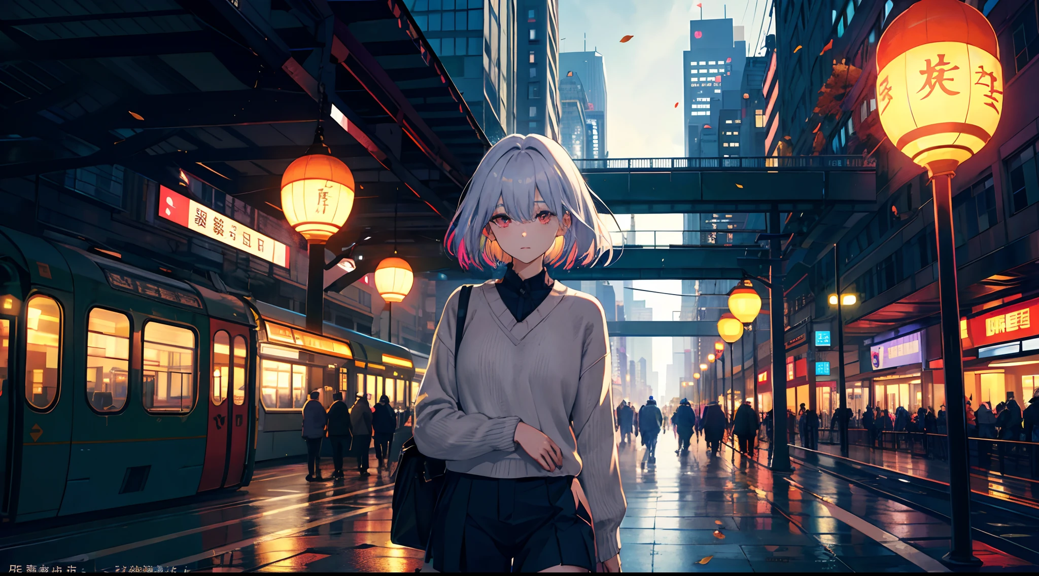 jpn, hight resolution, top-quality, illustratio, ultra-detailliert, (详细的脸), (detailedeyes), Soft lighting, top-quality, Hazy glow, dreamy ambiance, ultra-detailliert, ​masterpiece, 1girl in, 独奏, silber hair, verd s eyes, knitwear, Bright eye, Longhaire,medium chest, (colourfull), cowboy  shot, frombelow, outside of house, morning, ​​clouds, skyscrapers in the background, industry, public transport, 城市, Concrete buildings, concrete, walkway, busy, The tree, autumnal, leaves falling