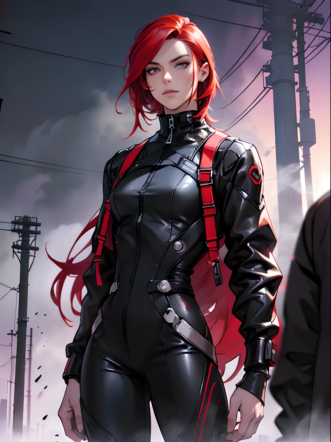 A girl. hairlong. long purple hair. Hair development. violet eyes. Slender figure. in full height. Futuristic costume. Bodycon jumpsuit. Black smoke. Girl standing in black smoke. ((Black smoke around the girl)) (( Girl turns into black smoke)). Smoke. mist . Black smoke. ((Futuristic bodycon jumpsuit ) Next to the girl is a tall guy. GUY SHORT RED HAIR . ((guy red hair)) Guy's red hair. A guy has a futuristic costume. Photorealism. hiquality. 4k. 8K. Guy has short hair