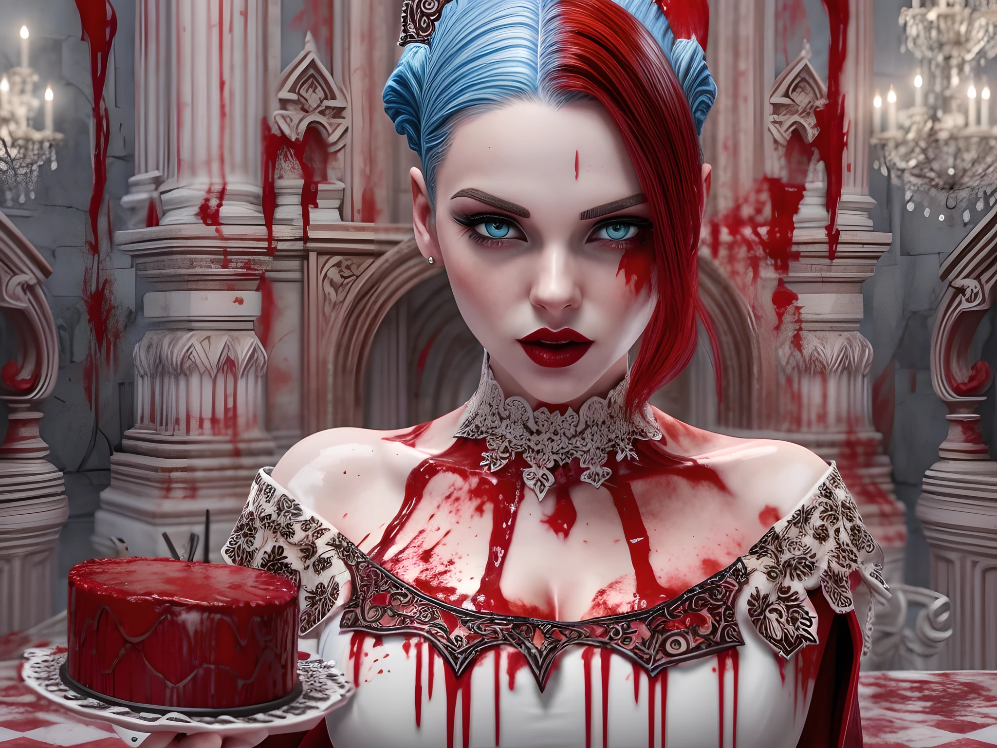 a 3D picture of extremely (beautiful female vampire: 1.4) looking at (red MasterChef style cake: 1.5), an exquisite beautiful female minotaur, ultra feminine ultra detailed face, red hair, short hair, pale skin, red lips, blue eyes, wearing sexy white seductive latex dress, blood stains on the dress, looking at a red Bakeoff, award winning cake, 2 floors, decorated with red whipped cream, and artful stylish decorations, blood dripping from the cake, dark castle style kitchen background, dim candles light, dark fantasy art, gothic art,  dynamic angle, best details, best quality, 16K, [ultra detailed], masterpiece, best quality, (ultra detailed), full body, ultra wide shot, photorealistic, 3D rendering,