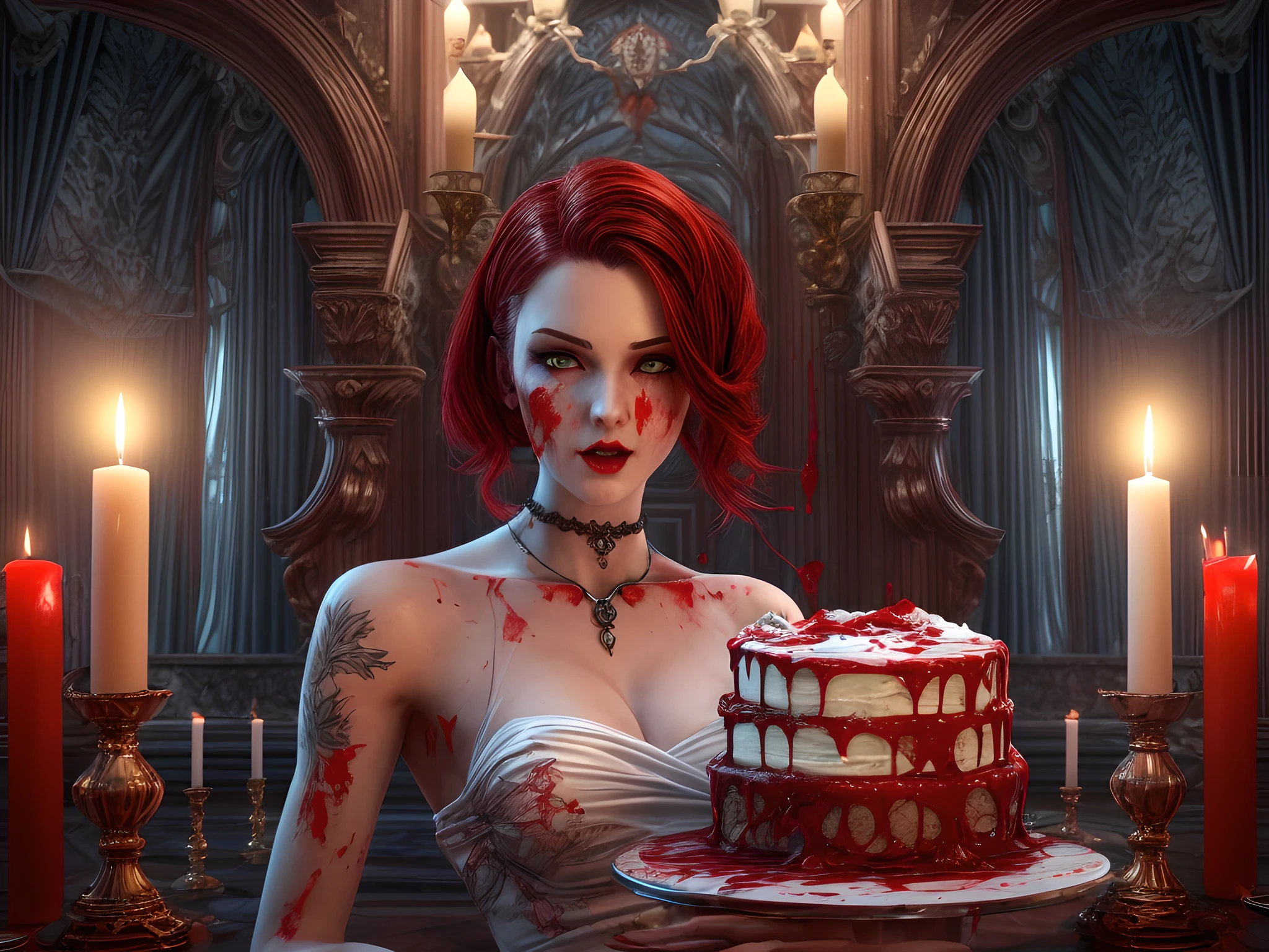a 3D picture of extremely (beautiful female vampire: 1.4) looking at (red MasterChef style cake: 1.5), an exquisite beautiful female minotaur, ultra feminine ultra detailed face, red hair, short hair, pale skin, red lips, blue eyes, wearing sexy white seductive latex dress, blood stains on the dress, looking at a red Bakeoff, award winning cake, 2 floors, decorated with red whipped cream, and artful stylish decorations, blood dripping from the cake, dark castle style kitchen background, dim candles light, dark fantasy art, gothic art,  dynamic angle, best details, best quality, 16K, [ultra detailed], masterpiece, best quality, (ultra detailed), full body, ultra wide shot, photorealistic, 3D rendering,