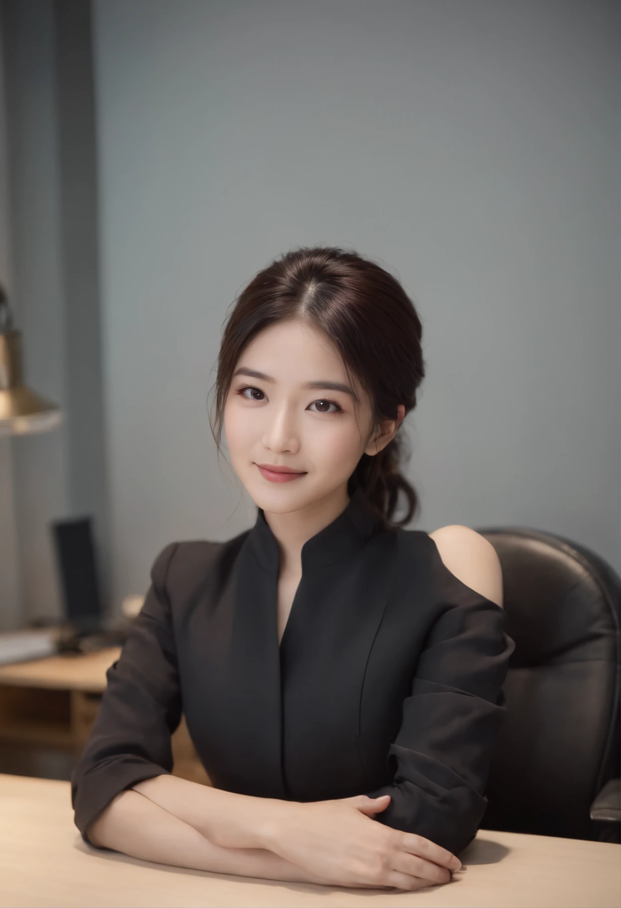 Upper body, Black business suit, Facing the desk in my room with a computer in the dark, Look down and smile,Black hair was tied back for a long time, A Japan female employee who is a old and very beautiful