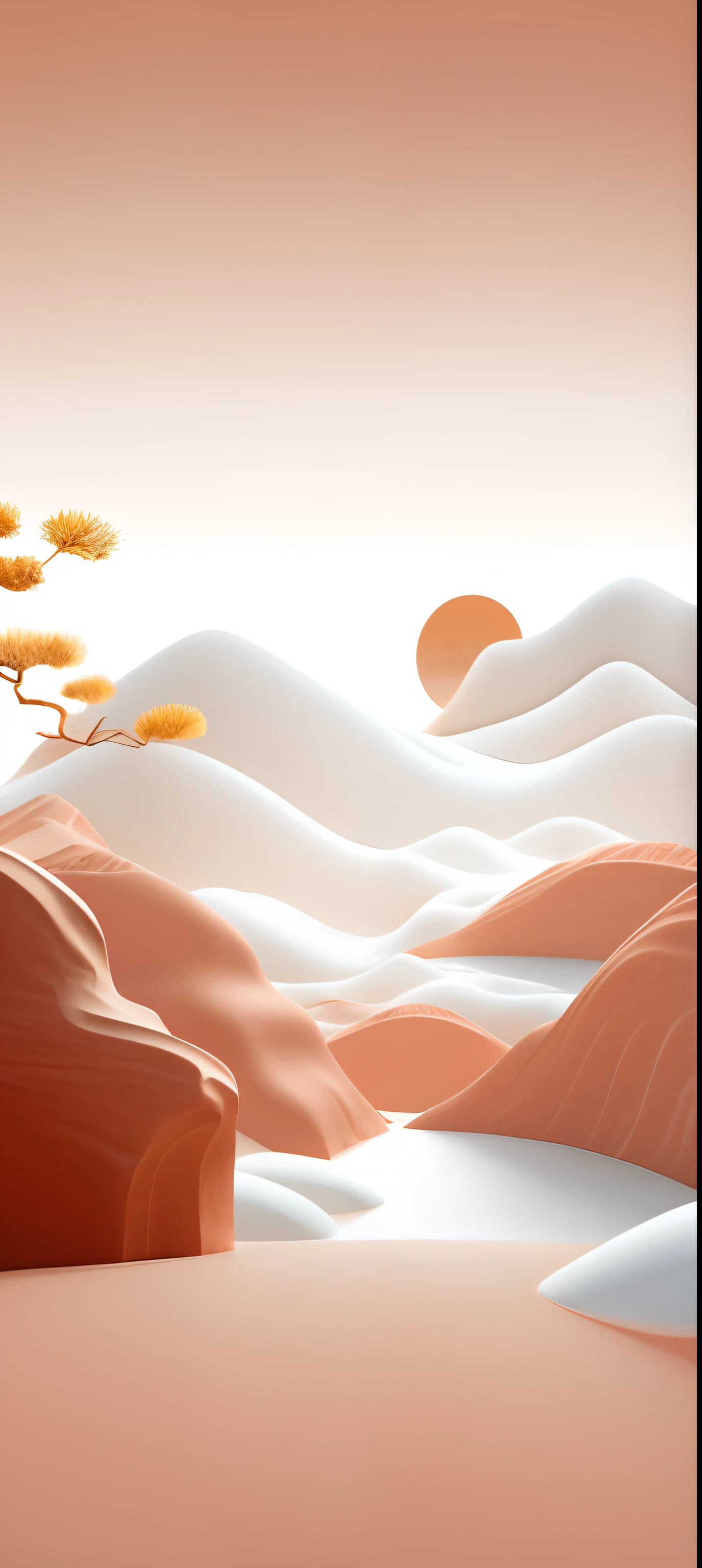 There is a painting of a desert landscape and a tree, digital landscape art, japonisme 3 d 8 k ultra detailed, 3d grainy aesthetic illustration, flowing hills, pop japonisme 3 d ultra detailed, beautiful landscape rendering, Floating mountains, landscape artwork, 3 d stylize scene, stylized 3 d graphics, white and orange