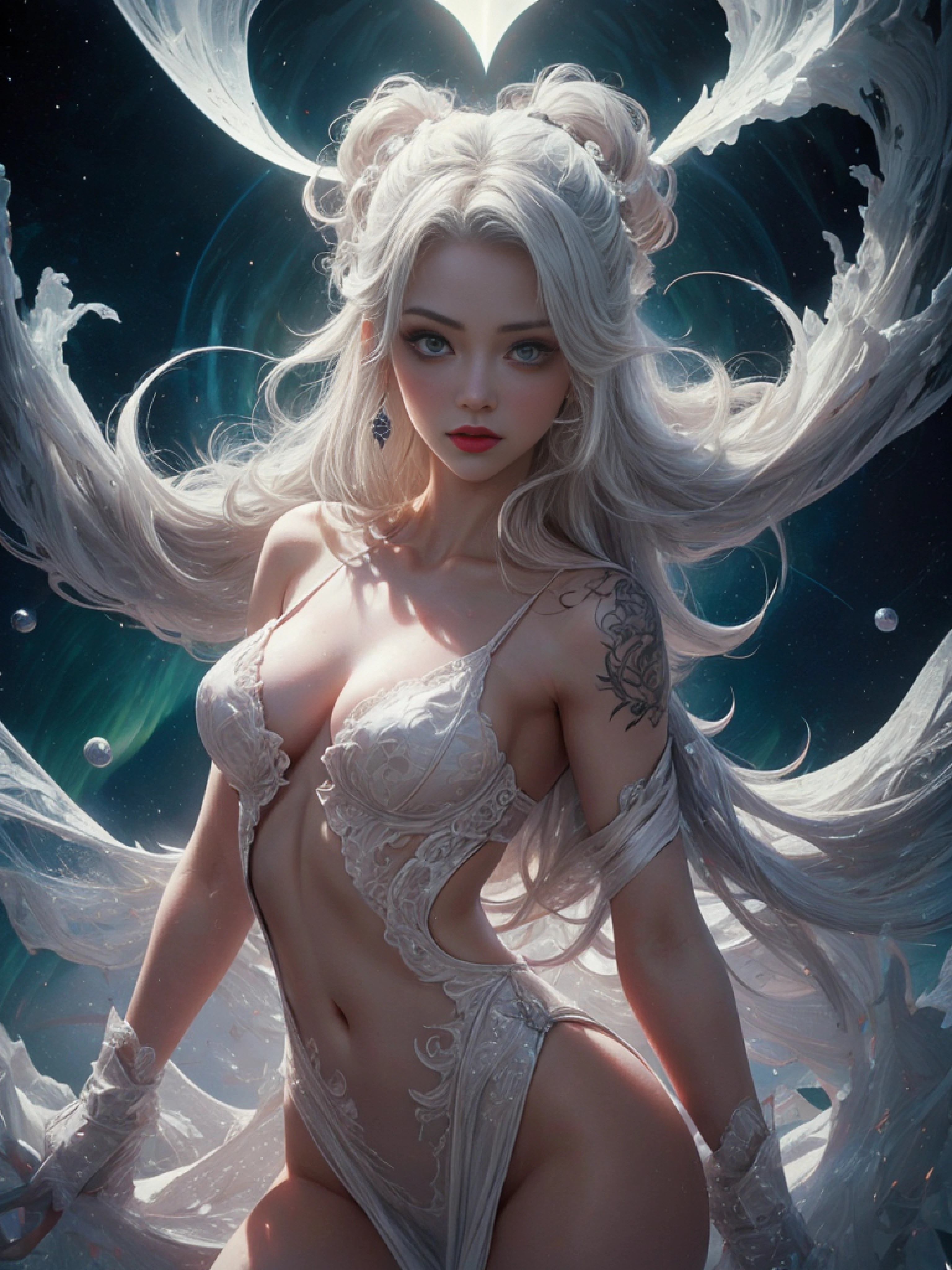 white forest background, Aurora, mythical,  pose, pore white hair, small tits, big eyes, body covered with tattoo, red lips, , dark light,, white dress