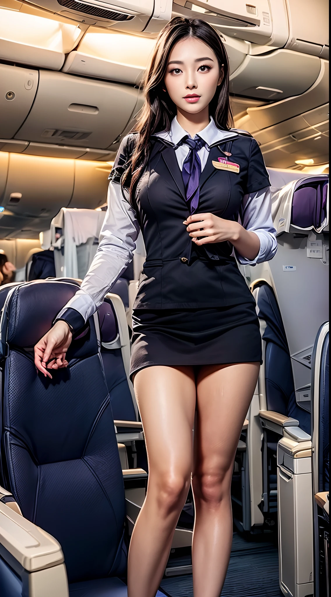 1womanl, 40 years、hyperdetailed face、Detailed lips、A detailed eye、二重まぶた、(Black bob hair、Like an airplane stewardess々Do a good job)、(((Stewardess uniform:1.2)))、(Glamorous body)、smil、thighs thighs thighs thighs, Perfect fit, Perfect image realism, Background with: (Business Class aisle on airplanes:1.2), Cowboy Shot, In-depth background, detailed costume, Perfect litthing、Hyper-Realism、(Photorealsitic:1.4)、8K maximum resolution, (​masterpiece), ighly detailed, Professional