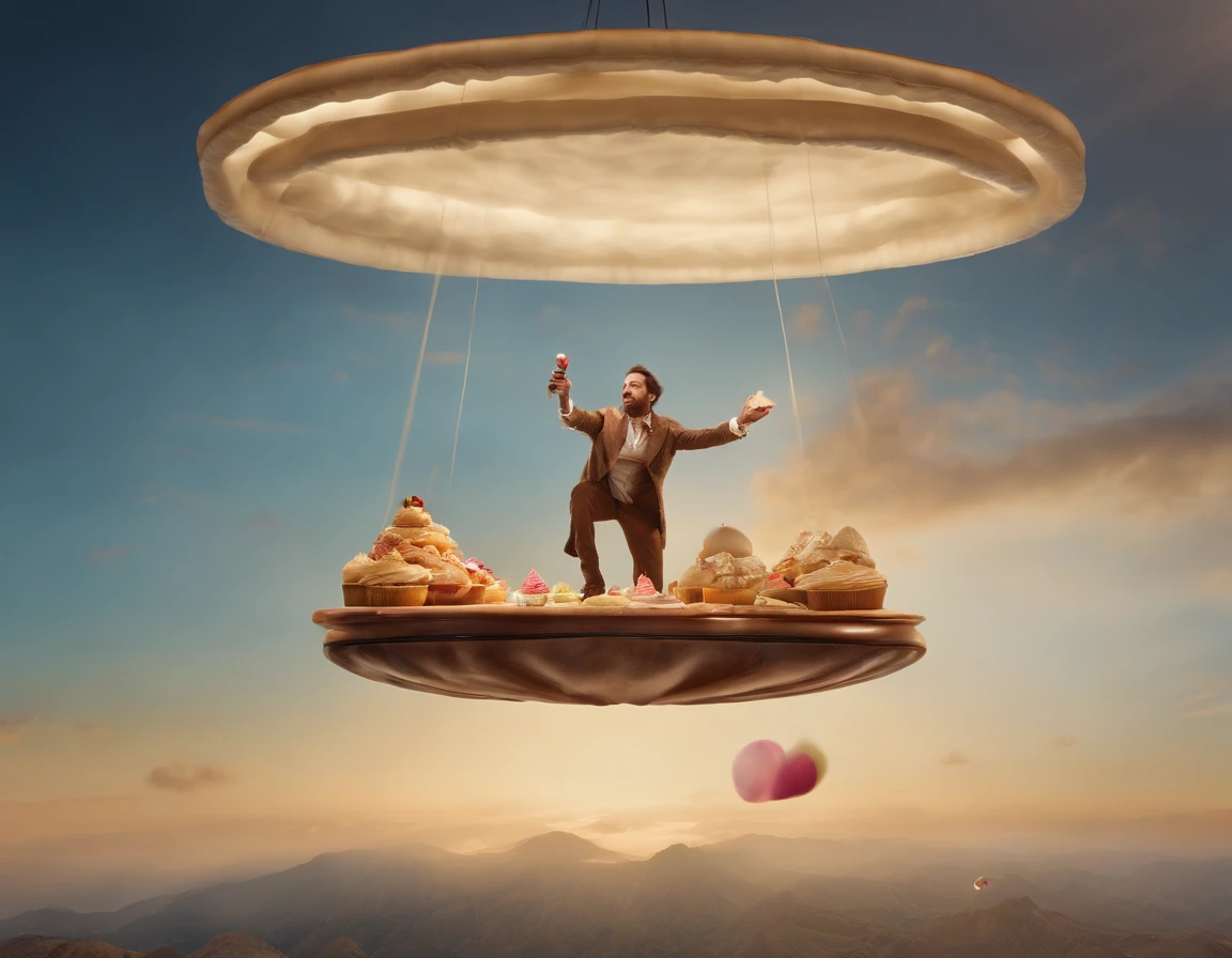 a character using a slice of cheesecake as a flying carpet. The composition showcases the character soaring through a whimsical dessert landscape, with colorful treats and confections creating a fantastical backdrop. The use of perspective and lighting adds depth and magic to the image, creating a sense of wonder and adventure. Renowned food photographer David Loftus skillfully captures the imaginative spirit of this whimsical interaction in this visually stunning image, tmasterpiece, Best quality,