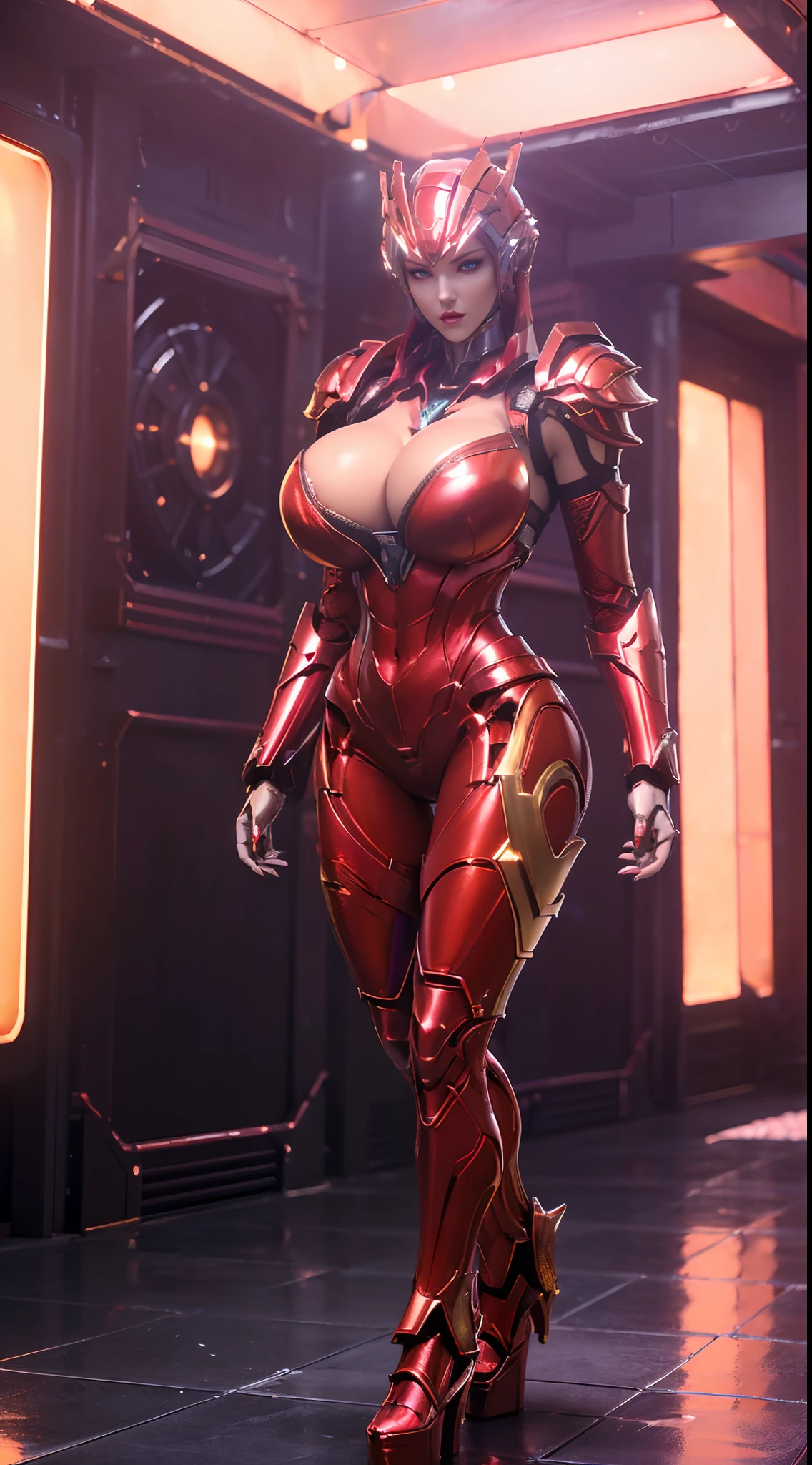 (1GIRL, ALONE, SOLO), (super detailed face), (red hair: 0.8), ((Phoenix Headwear)), (BIG BUTTOCKS, 11 LINE ABS, CLEAVAGE, HUGE FAKE BREASTS:1.5), (GOLD MECHA GUARD ARM:1.3), (RED SHINY MECHA CYBER ARMORED, PURPLE MECHA SKINTIGHT SUIT PANTS, MECHA GUARD ARMOR LEGS, HIGH HEELS:1.5), (THICC MUSCULAR FEMALE BODY, GLOWING SKIN, LONG LEGS, FULL BODY:1.1), (LOOKING AT VIEWER:1.3), (female focus:0.886), (WALKING DOWN HALLWAY OF FUTURISTIC SPACE STATION:1), (BRIGHT LIGHT ROOM:1.5), SUPER TEXTURE, UNREAL ENGINE RENDER, PHYSICALLY-BASED RENDERING, ULTRA HIGHT DEFINITION, 16K, 1080P.