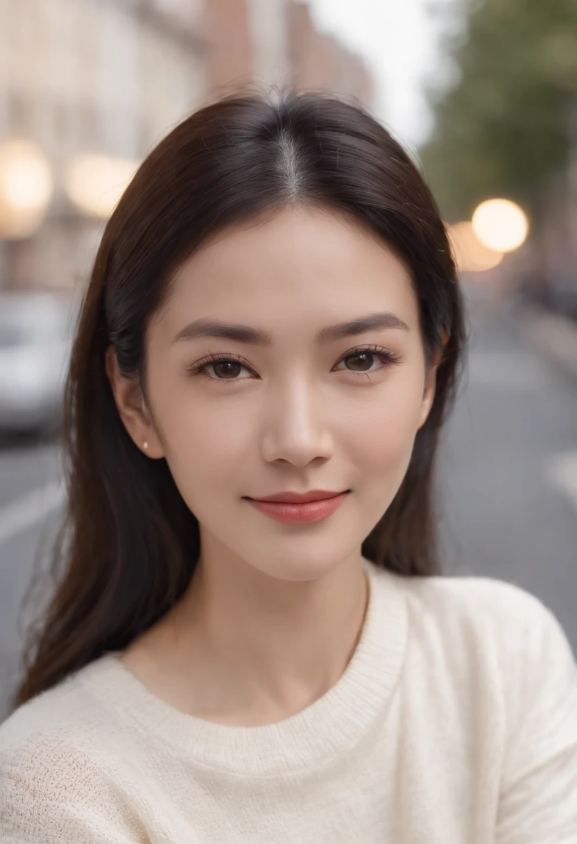 Upper body, Wearing a white sweater, Roadside in the big city， a smile, A watch on his left arm，Black hair was tied back for a long time, A MILF，A Japanese Lady