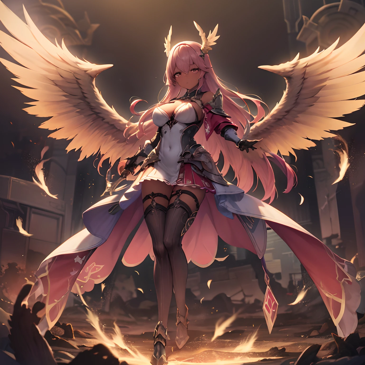 Future Girl, Dark skin, a purple eye, spaces, Purple hair, Blue hair, Pink hair, Long hair, Dark skin, Futuristic Coffee Shop Girl 1, spreading her wings, wearing a coat of white feathers,,, Wings full of the back, Radiant Hello, long hair flowing, Mechanical wings dancing delicately at the waist, Medium Figure, Sunken navel, curtains of white feathers on the pelvis move slightly,,, Mini wings scattered on the body, multiple wings with a yellow sheen,, Soft yellow fire between the wings.((16 K,Ultra Definition、The highest masterpiece,Best Quality)), maxiskit, dress conservatively 1 girl, 独奏, Full body, wide shoot, Graceful standing, holding sword down, White hair, Long hair, valkyrie, armor, Angel, White bra, side bun, from the front side, extra size body, Night, mont, look at viewr（（Super best quality））， （（A very masterpiece））， （（super detailing：1.4））， （（hyper realistic lifelike 3d））， Dragon Warrior Girl， Mechanical body， Dynamic action poses in battle scenes， Mechanical weapons of very complex and heavy fighters， Off-the-shoulder fashion that blends dense and complex steampunk with dense gothic ta， Complex steampunk headgear， very thin long legs， Mechanical boots above the knee， Fluttering lace flared mini skirt， beautiful small breasts directed upwards，Slightly long, vertically curly silver hair flutters in the wind，Countless shining large spheres flying around，Many sparks cross and fly，Countless neon signs rained down from magic-evoking gestures，Steampunk Factory，Complex and precise mechanical ruins，Very dark night background，Very dramatic and cinematic lighting。