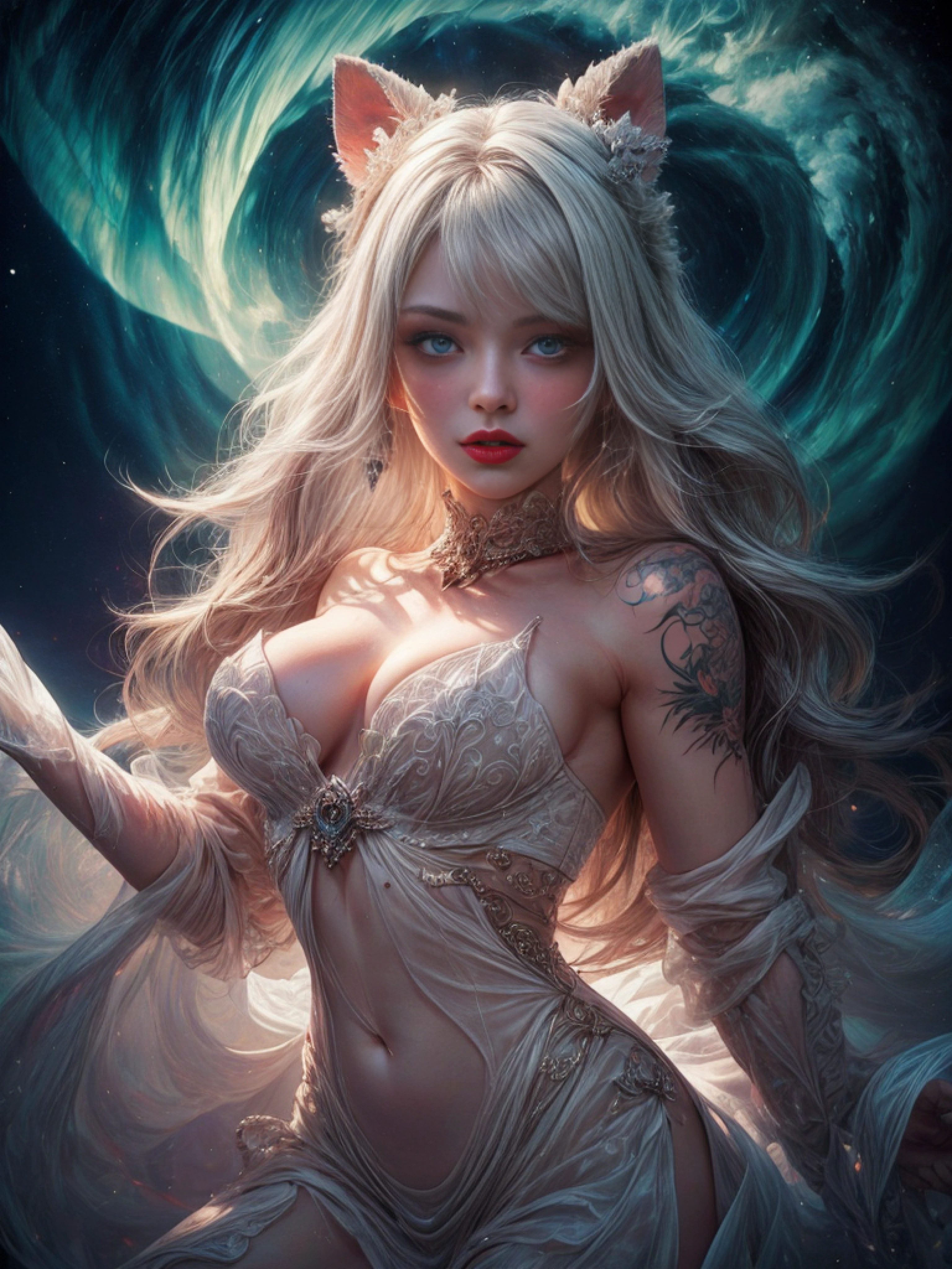 white forest background, Aurora, mythical,  pose, pore white hair, small tits, big eyes, body covered with tattoo, red lips, , dark light,, white dress