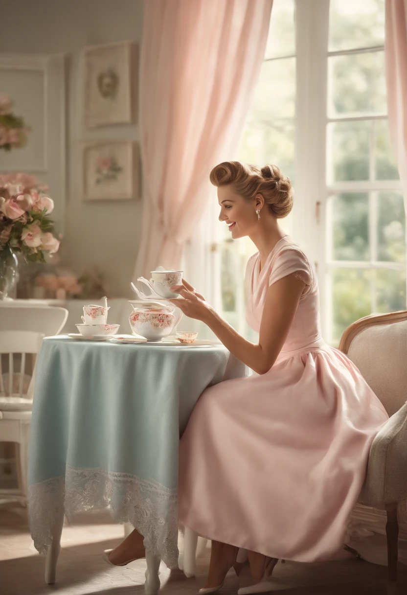 ultra detailed illustration in soft pastel colors, a beautiful and elegant housewife having tea, soft, cute smile, shabby chic livingroom environment, best quality, centered image, MSchiffer, Norman Rockwell art, inspired by the 1950s ((flat colors)) ((low saturation)) pink, white, blue, vintage