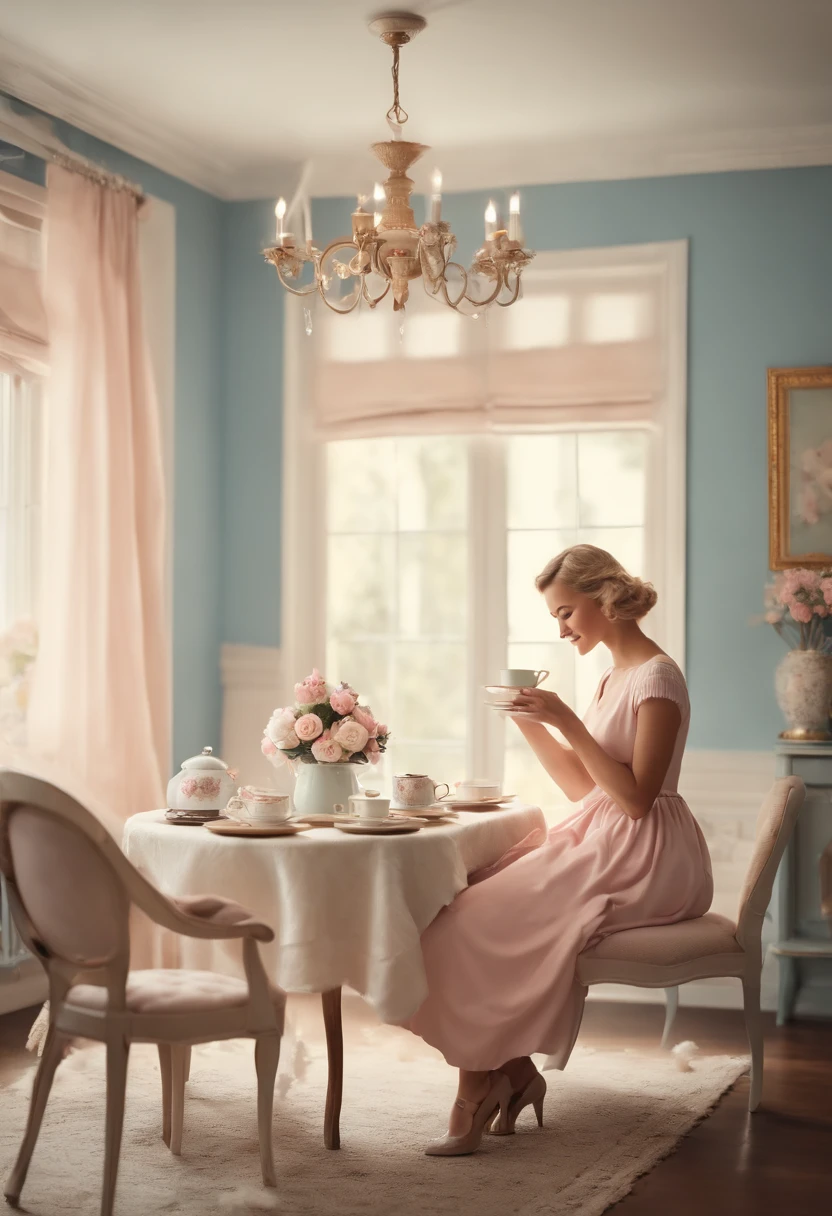 ultra detailed illustration in soft pastel colors, a beautiful and elegant housewife having tea, soft, cute smile, shabby chic livingroom environment, best quality, centered image, MSchiffer, Norman Rockwell art, inspired by the 1950s ((flat colors)) ((low saturation)) pink, white, blue, vintage