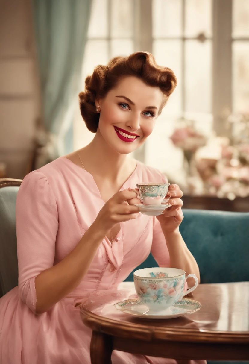 ultra detailed illustration in soft pastel colors, a beautiful and elegant housewife having tea, soft, cute smile, shabby chic livingroom environment, best quality, centered image, MSchiffer, Norman Rockwell art, inspired by the 1950s ((flat colors)) ((low saturation)) pink, white, blue, vintage