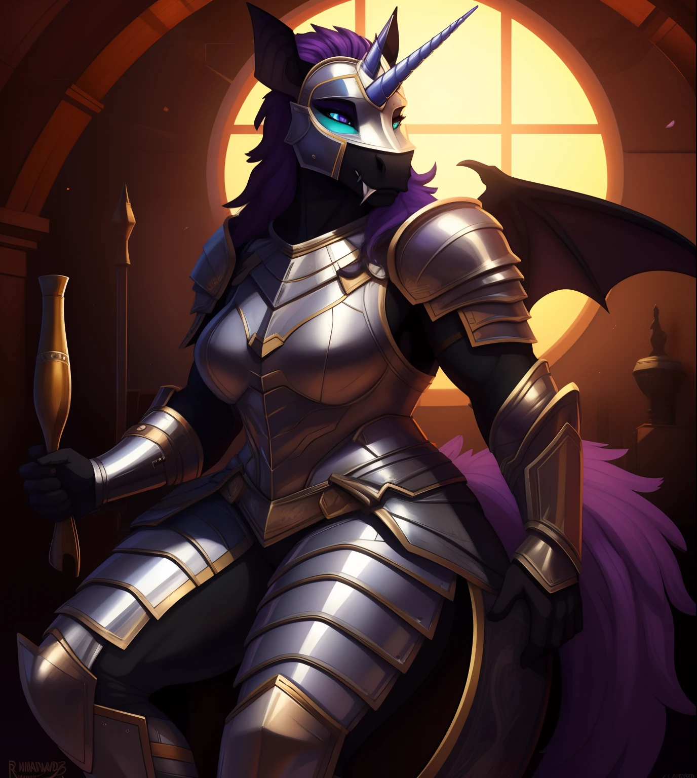 Tall_lanky_muscular_mature_unicorn female dark_purple_mane black_furry_body teal_eyes slit_pupils majestic solo Masterpiece best_quality absurdres highly_detailed silver_heavy_plate_armor silver_helmet cleanly_drawn_eyes fangs bat_wings purple_eyeshadow horse_snout anthro_only by_claweddrip, by_greasymojo, by_underscore-b, by_runawaystride
