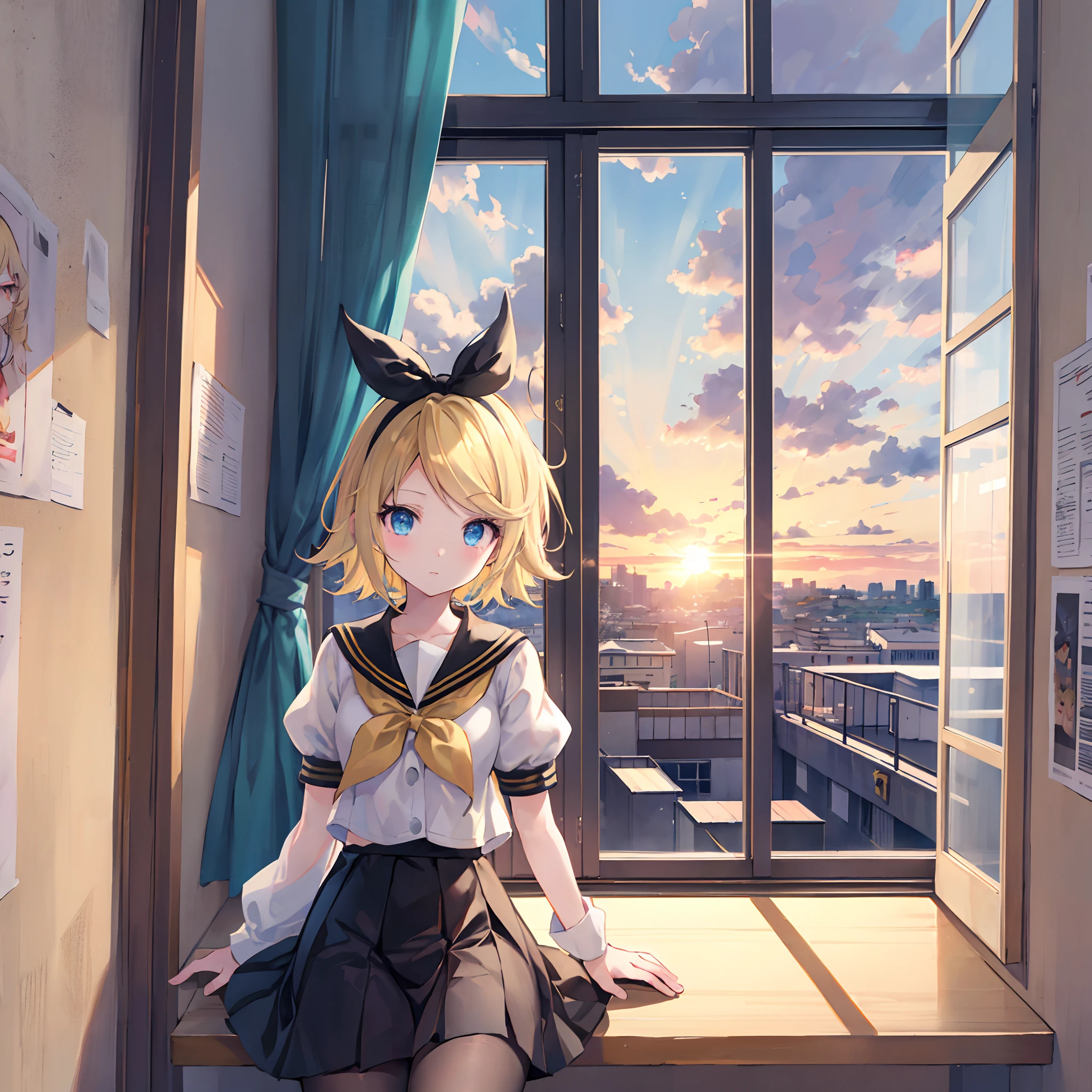 Kagamine Rin , por rubio , coletas 、ojos rojos、Hermosa chica sola、quimono、una minifalda、aula de escuela 、sentado en pupitre , luz de atardecer (entrando por la ventana , cortinas que se mueven un poco con el viento