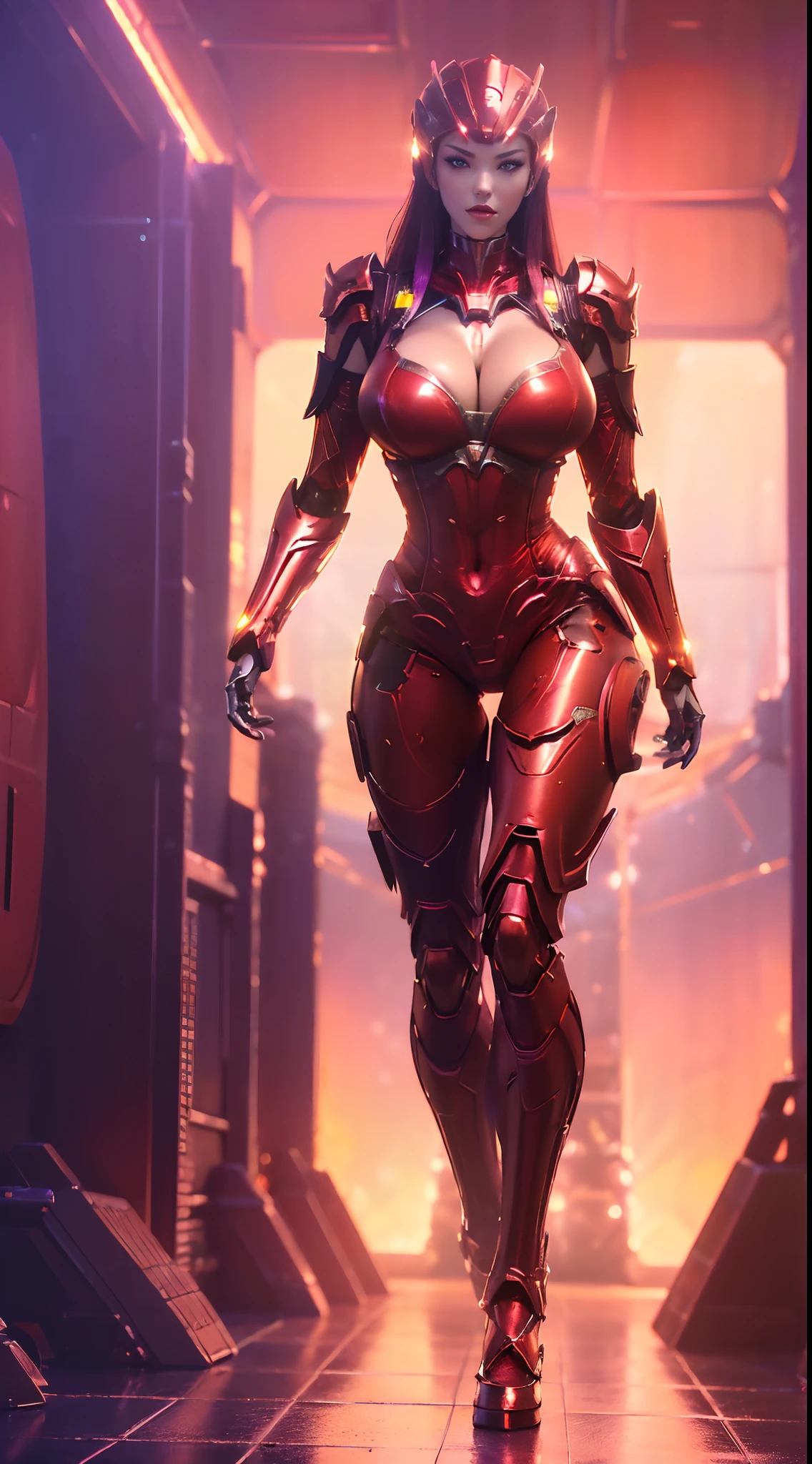 (1GIRL, ALONE, SOLO), (super detailed face), (red hair: 0.8), ((Phoenix Headwear)), (BIG BUTTOCKS, 11 LINE ABS, CLEAVAGE, HUGE FAKE BREASTS:1.5), (GOLD MECHA GUARD ARM:1.3), (RED SHINY MECHA CYBER ARMORED, PURPLE MECHA SKINTIGHT SUIT PANTS, MECHA GUARD ARMOR LEGS, HIGH HEELS:1.5), (THICC MUSCULAR FEMALE BODY, GLOWING SKIN, LONG LEGS, FULL BODY:1.1), (LOOKING AT VIEWER:1.3), (female focus:0.886), (WALKING DOWN HALLWAY OF FUTURISTIC SPACE STATION:1), (BRIGHT LIGHT ROOM:1.5), SUPER TEXTURE, UNREAL ENGINE RENDER, PHYSICALLY-BASED RENDERING, ULTRA HIGHT DEFINITION, 16K, 1080P.