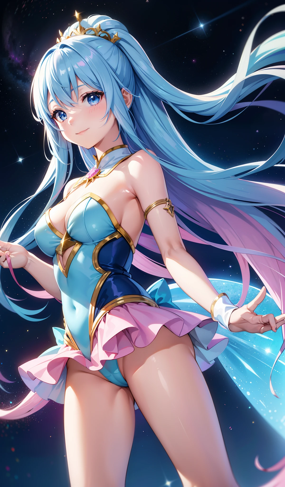 Super Idol　a beauty girl　A charming smile　sky blue hair　length hair　Facing straight ahead　Twin-tailed　Glittering pink and white、Blue and yellow leotard costume　Mystical　Fantasia　constellation　a moon　Crystal Brilliance　Aurora Borealis in the Night Sky