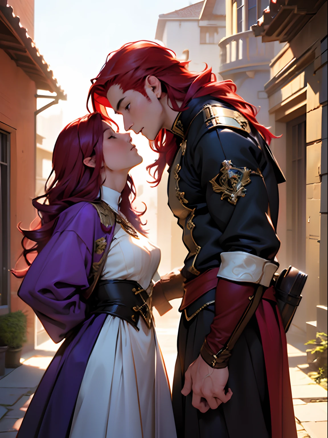 (Best Quality,4k,8K,hight resolution,Masterpiece:1.2),Ultra-detailed,(Realistic,Photorealistic,photo-realistic:1.37),Fantasy,a boy and a girl, Standing side by side,Boy with short red hair,Girl with long purple hair,Location in the courtyard. Fantasy Outfits. Magic Costumes. em. Magic Castle. the kiss. Guy kisses girl. GIRL LONG PURPLE HAIR. Guy with red hair. ((Guy with red hair)) Guy Short Hair. the kiss. Dynamic posture