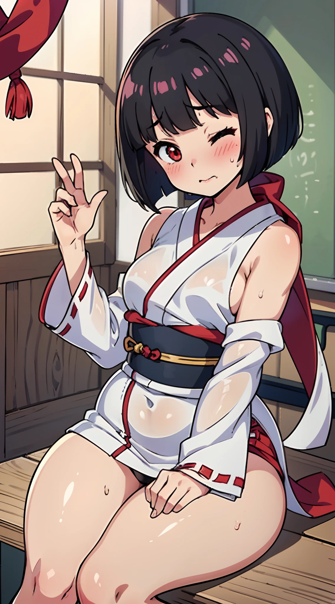 (Perfect body),Best Quality, K、(Lori)、(Kimono)、(shrine maiden)、sleeve less、(a miniskirt)、White panty、(((blush)))、:o、Eyes closed、I have my mouth wide open、Wavy mouth、Tsuriformes、Blunt bangs、(short-hair)、(((bob cuts)))、(Red Eyes),((Black hair)),(Sweat)、((red scarf))、((Big ass))、flat chest、(((thick thighs)))、Armpits、(Classroom)、sitting down on the floor