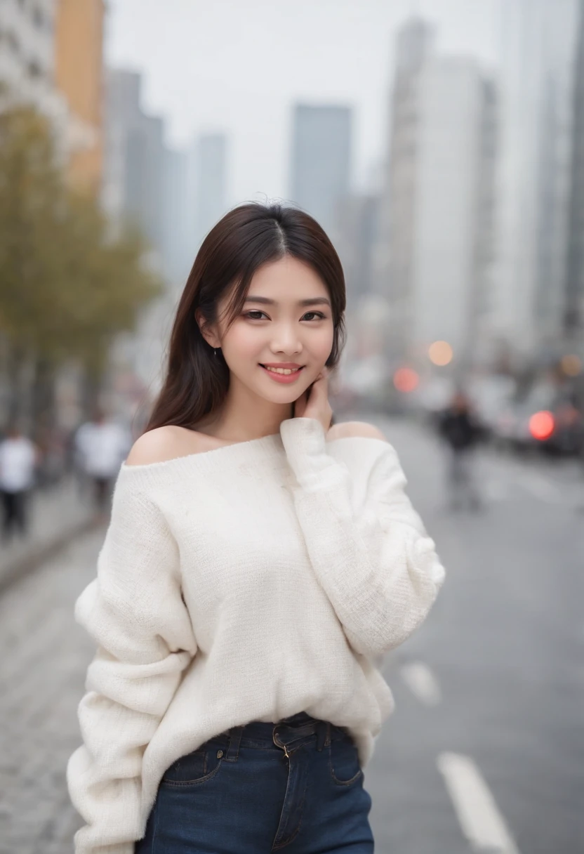 Upper body, huge tit,wearing a white sweater, Roadside in the big city, A big smile, Left-arm watch,Black hair was tied back for a long time, with big eyes and very beautiful,A Japanese Lady