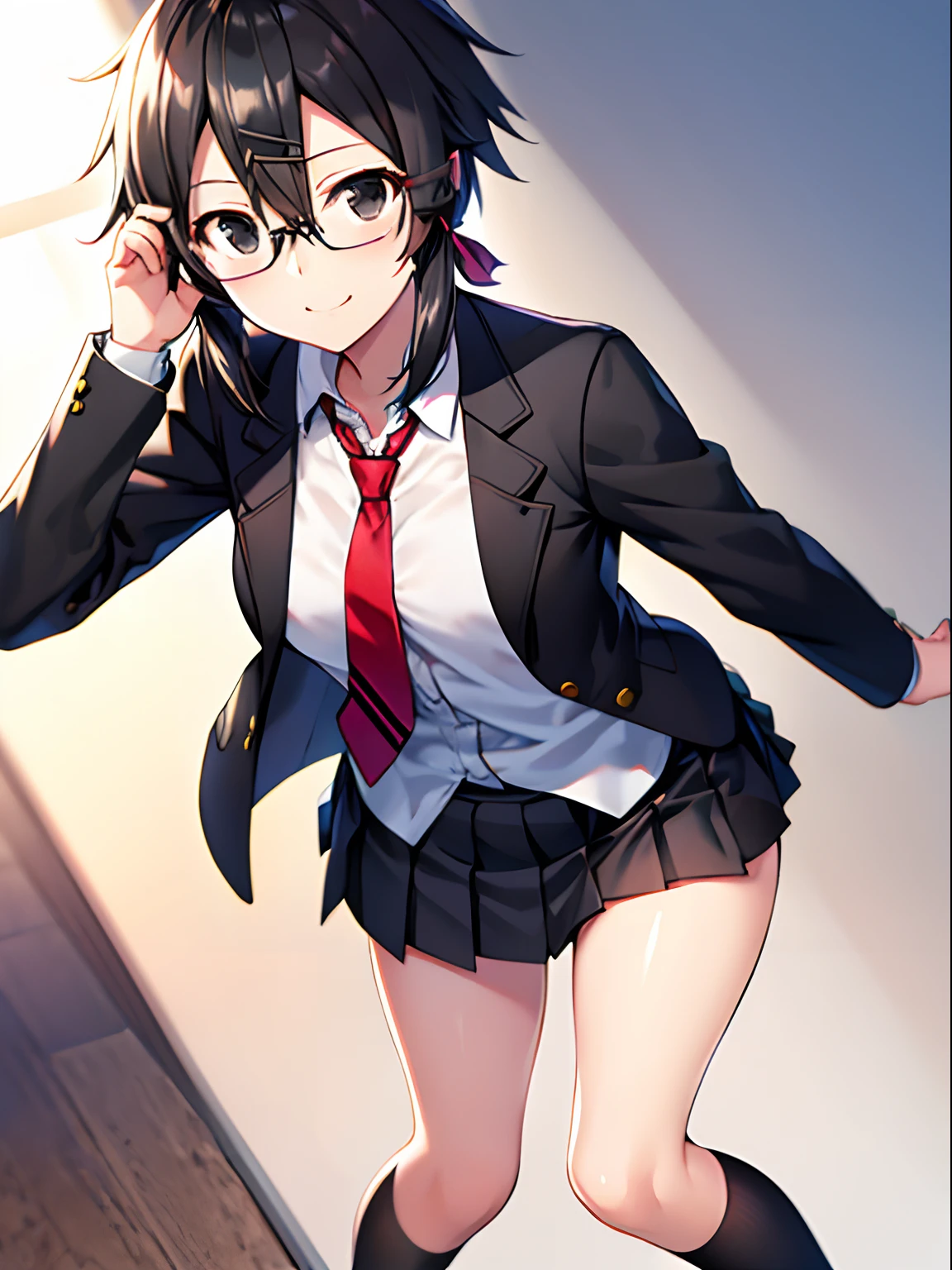 shino asada, (black eyes:1.5), black hair, hair between eyes, hair ribbon, short hair, sidelocks, glasses, hairclip, blazer, black jacket, black skirt, jacket, necktie, pleated skirt, red necktie, ribbon, school uniform, skirt, tress ribbon, light smile, stylish pose, pupils, eyelash,