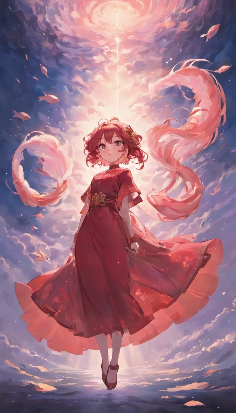 An inky white painting，The painting depicts a lady in an old red dress，There is a huge pink goldfish in the clouds, Made of fog, Dark white and pink, In the style of Li Shuxing, shilin huang, Talented people, Ethereal form, gigantic scale, Elegant and balanced, Doubleexposure, Cloud effects：1.5，elevation，Faraway view，super detailing，best qualtiy，tmasterpiece，8K，Extremely detailed，Epic artwork，Fine face