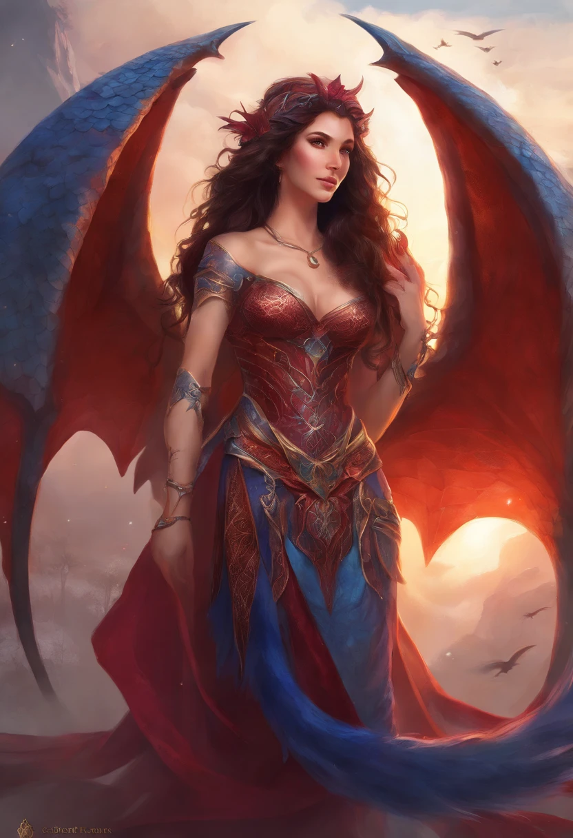 Kruzadar woman, dragon scale skin, dark red hair, blue eyes, long hair, dragon horns, hyper realistic, 4k, masterpiece, beautiful, facing the viewer, full body shot, ((white skin)), exposed breasts, , exposed waist, , heart shaped tattoo on stomach below belly button, dragon tail, dragon wings