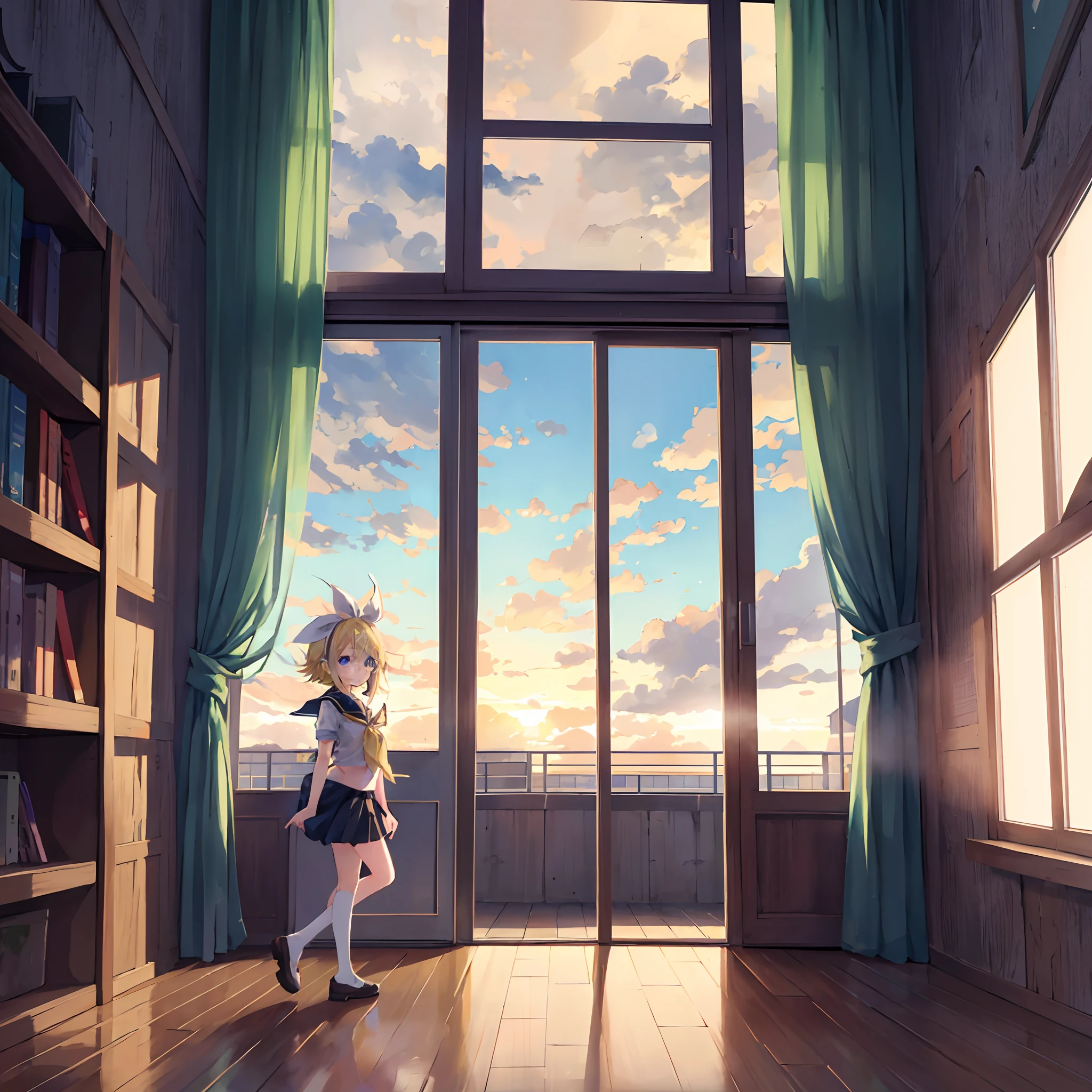 Kagamine Rin , por rubio , coletas 、ojos rojos、Hermosa chica sola、quimono、una minifalda、aula de escuela 、sentado en pupitre , luz de atardecer (entrando por la ventana , cortinas que se mueven un poco con el viento